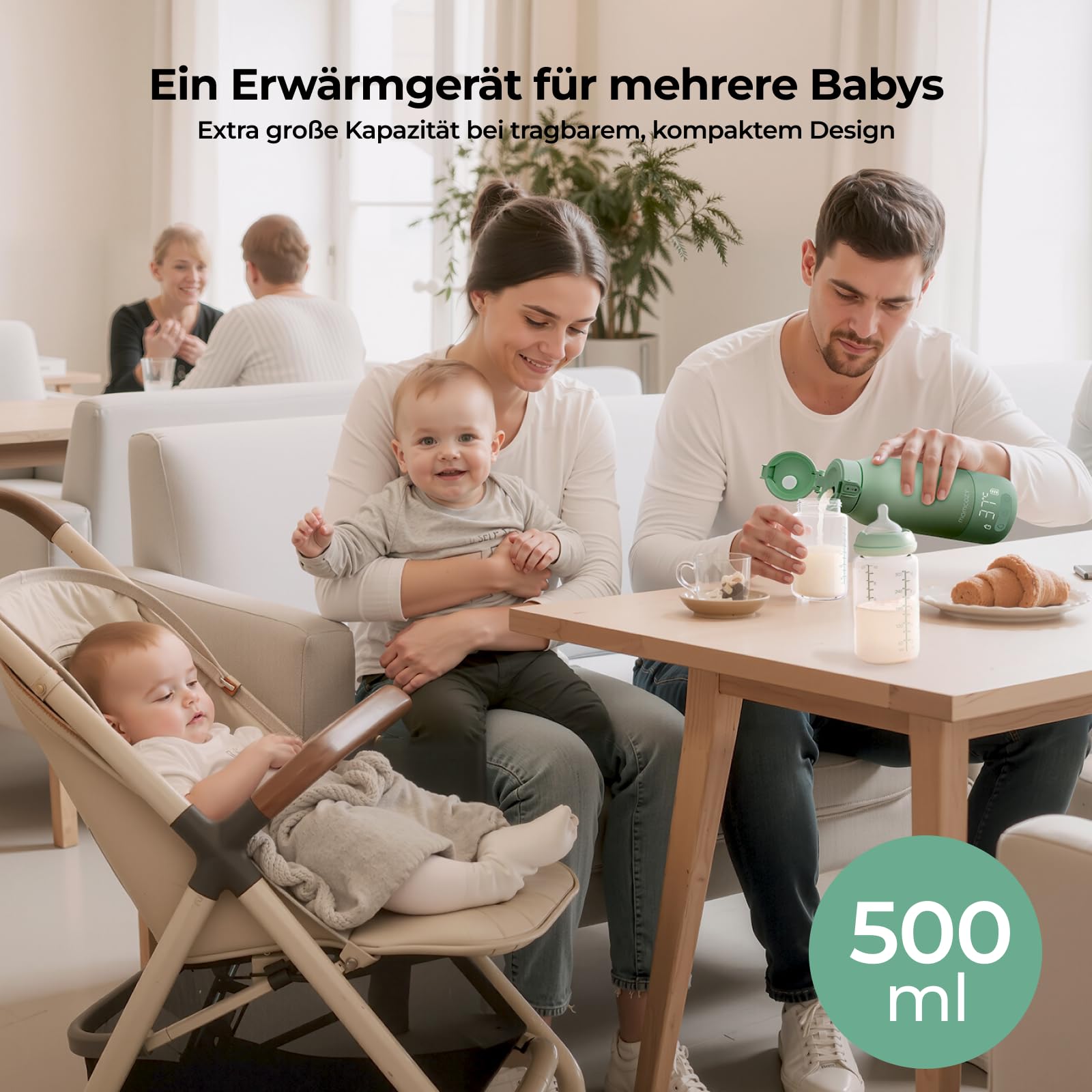 Momcozy MW05 Tragbarer Flaschenwärmer Baby 500ml Kapazität Akku TÜV-CE zertifiziert Schnellaufheizen 3 Min BPA-frei USB-C Kabel Grün