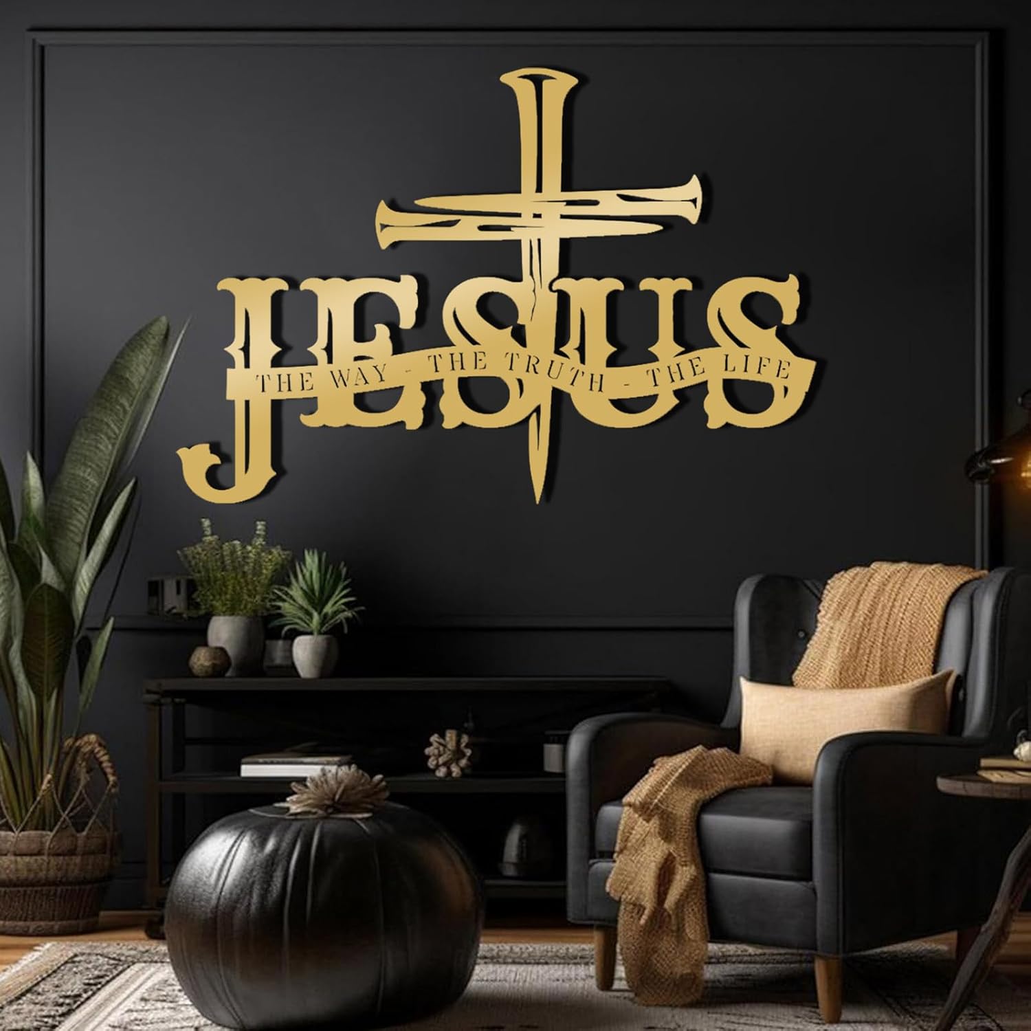 kawazu Jesus The Way The Truth The Life Metal Wall Art, Metal Jesus Cross Wall Decor, Cross Wall Mount, Christian Art, Religious Room Decor, Gift for Christian (Black, 30"x20"/76x52cm)