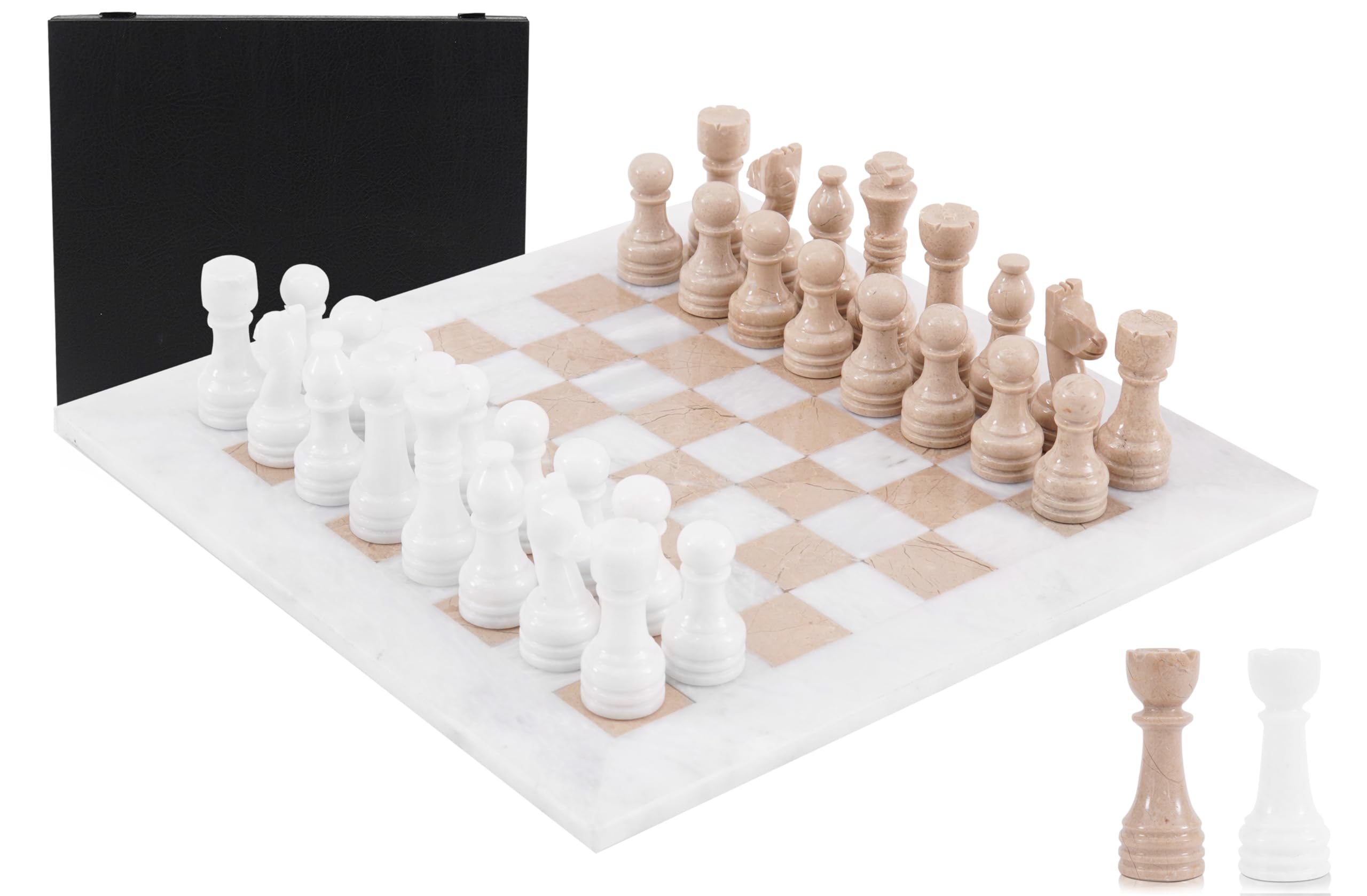 Marble Chess Set 15 Inch White and Verona Handmade Board Game with Storage Box, Classic Travel Chess Set for Adults with Chess Pieces & 2 Extra Queens, Elegant Gift & Home Décor