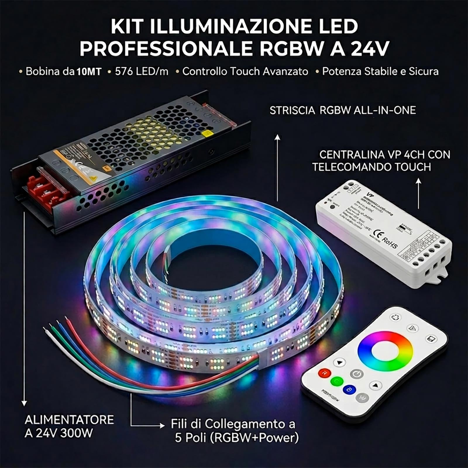 KIT Professionale Striscia Micro LED 1612 RGB Multicolore RGBW Luce 4200K 24V 576 LED/m 210W Illuminazione Interni, Bar, Locali, Pub, Completa di Centralina con Telecomando e Alimentatore 10 metri