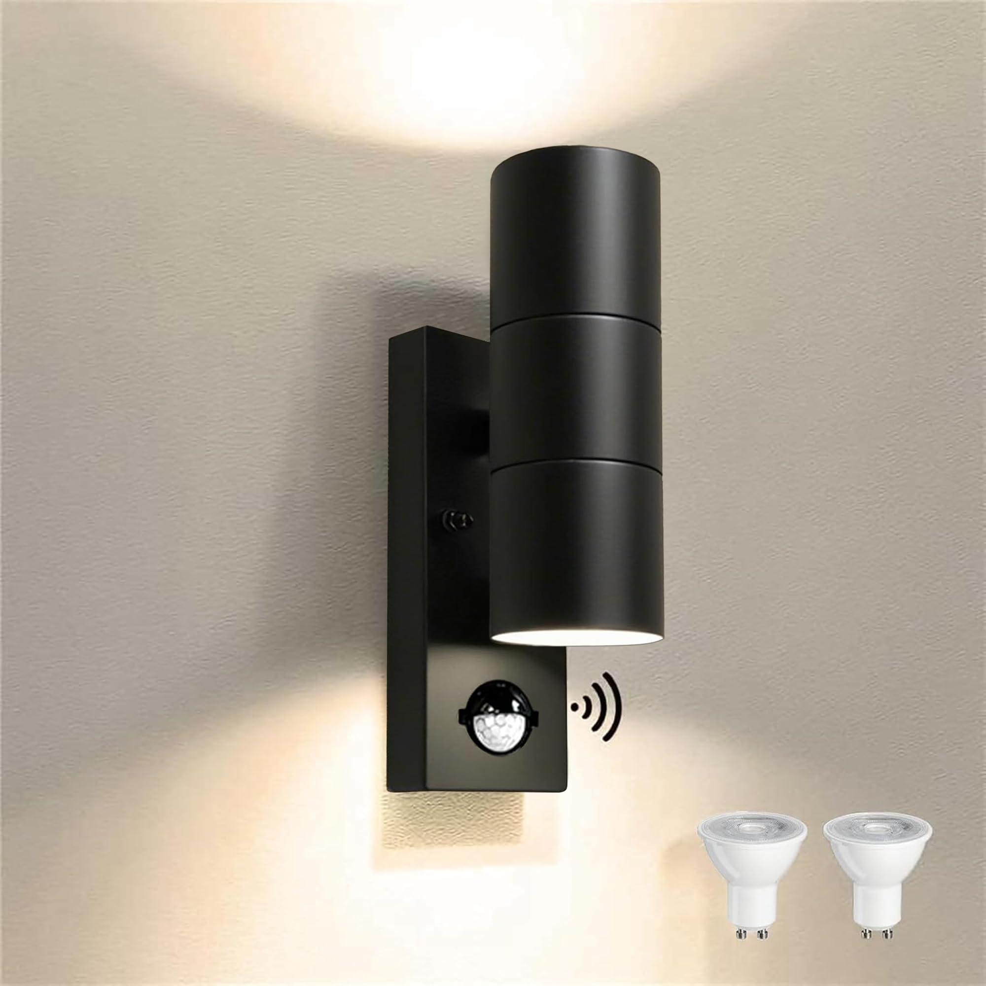 JNR Edelstahl LED Außenlampe mit Verstellbar PIR Bewegungsmelder Dämmerungsschalter, IP54 Wasserdichte Up Down 230V Aussenlampe inkl.2x5W GU10 3000K Warmweiß Glühbirne Wandleuchte, Schwarz