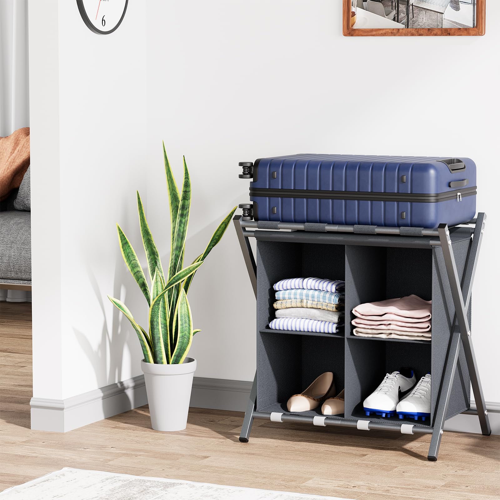 Folding Metal Luggage Rack, Suitcase Stand with Storage Shelf - Image 2