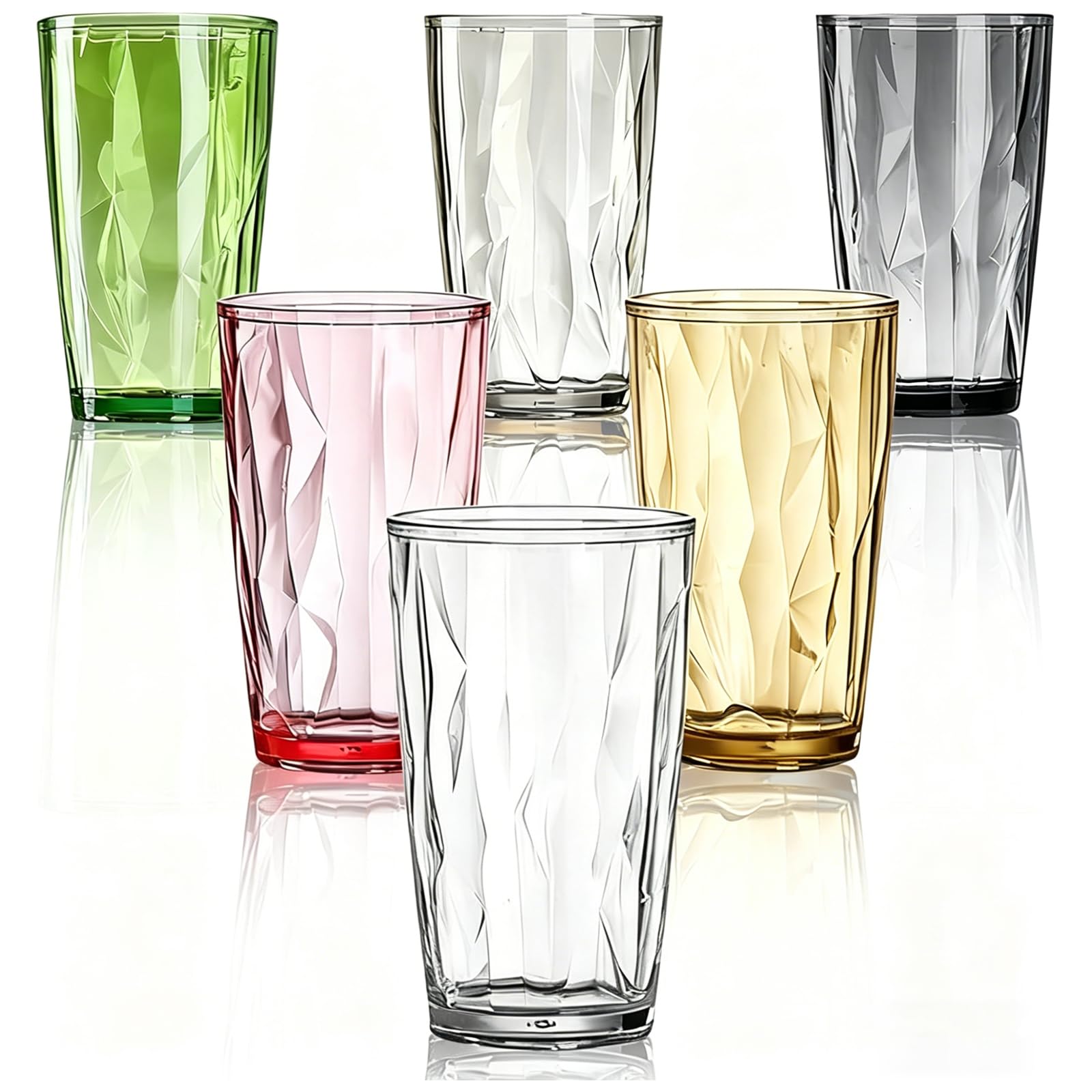 Zestaw 6 szklanek na wodę z tworzywa sztucznego, 490 ml, akrylowe, kolorowe, nietłukące się plastikowe kubki, nie zawierają BPA, do użytku na zewnątrz, na kemping, imprezę i do domu