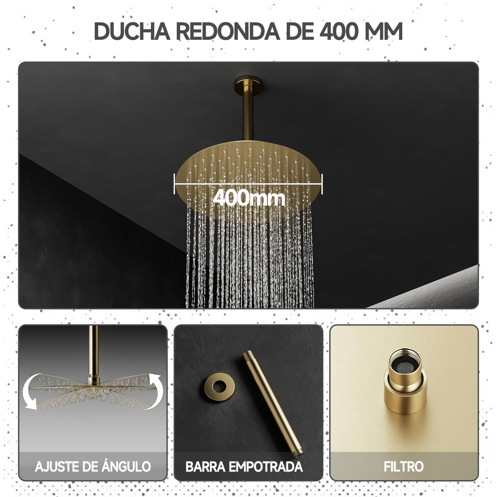 Columna ducha,Rociador de ducha de alta presión redondo 40 x 40 cm,Cabezal de ducha de lluvia ajustable 360°,Con boquilla antical,Juego de ducha de baño de oro cepillado,Kit de ducha con ducha de mano
