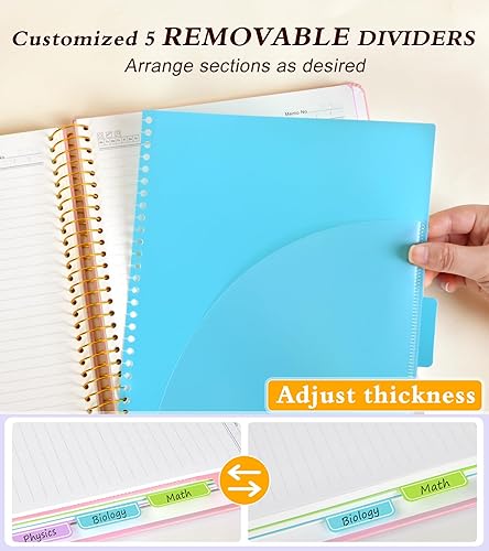 Miniatura 4 de Cuaderno de 5 asignaturas con pestañas divisorias de bolsillo extraíbles, 240 páginas en espiral de 8.5 x 11 pulgadas, cuaderno rayado para mujer,