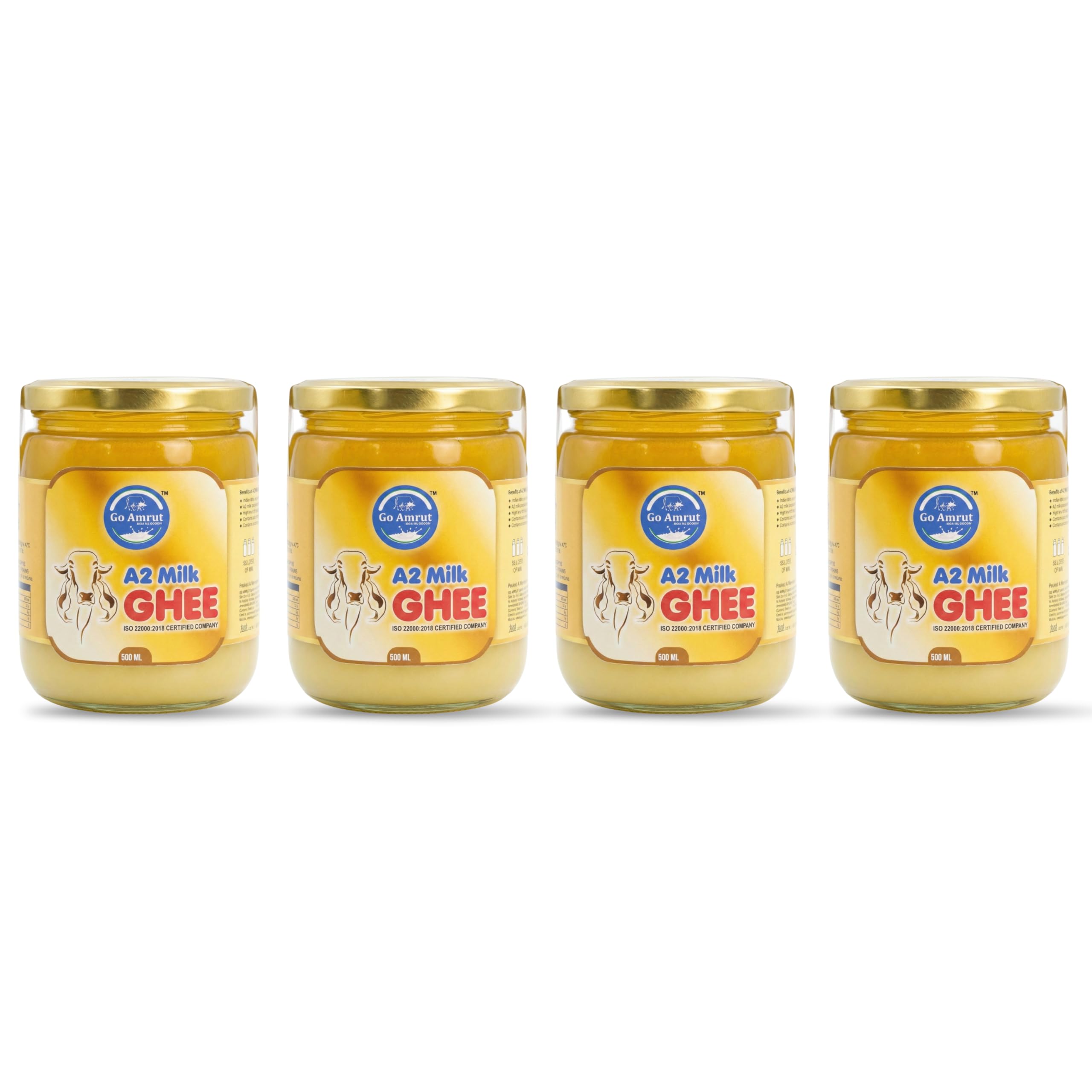 Go Amrut A2 Bilona Desi Cow Ghee | Traditional Cow Ghee, Glass Bottle | Vedic Bilona Method | Traditional Curd Churned | Organically Made A2 Cow Ghee | Premium Desi Cow Ghee | (500gm) (Pack of 4)