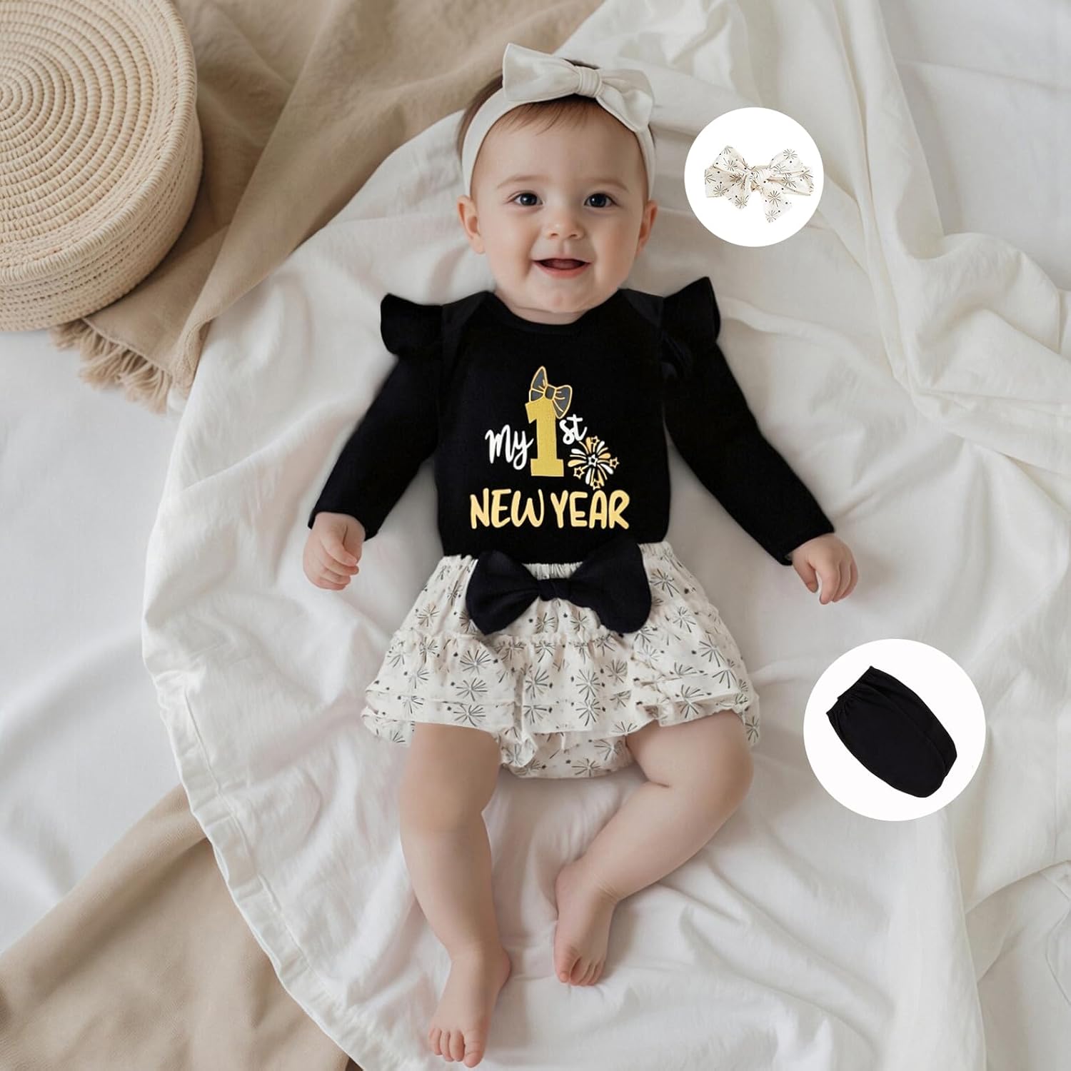 Gueuusu My 1st New Year Baby Girl Outfit Newborn Ruffle Long Sleeve Romper Top Fireworks Tutu Skirt Headband Cute Clothes Set - Image 2
