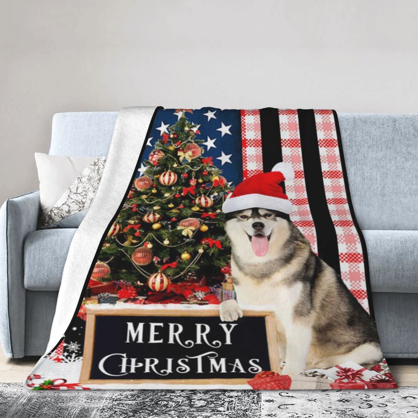 Lsjuee Flannel Fleece Blanket 80"X60" Merry Christmas Siberian Husky Sofa Throw Blanket Weighted Ultra-Soft Travel Winter Blankets for Adult Keep Warm