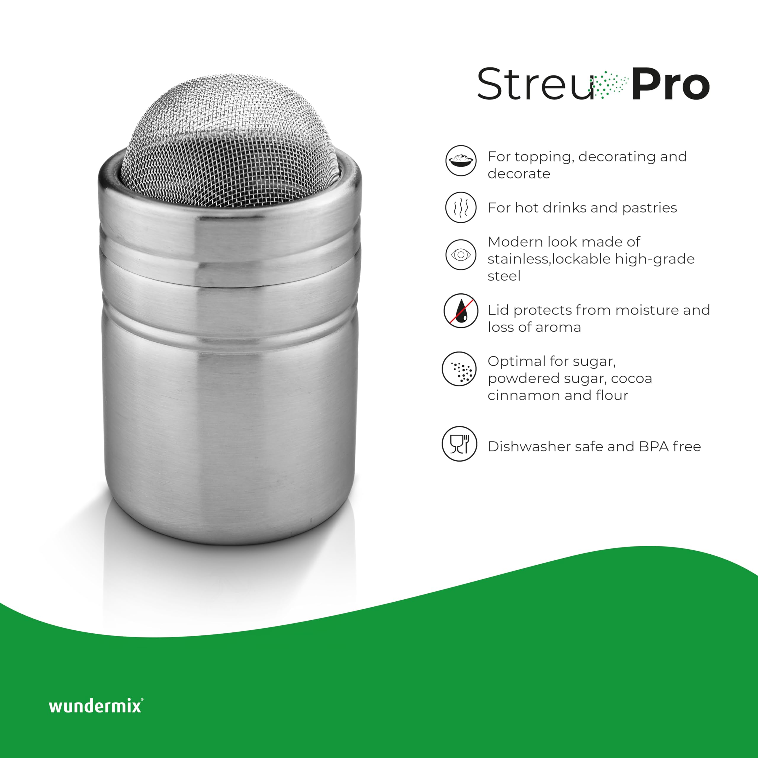Wundermix - posypywacz StreuPro ze stali nierdzewnej • Posypywacz do cukru, cukru pudru, mąki, kakao i cyny • Do posypywania ciast, cappuccino, gorącej czekolady i nie tylko • Posypywacz do cukru
