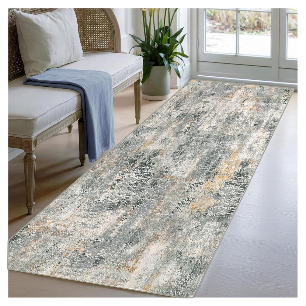 BORKOY Modern Abstract Grey Runner Rug 60x500cm Non Slip Hallway Carpet Soft Washable Low Pile Long Runners for Kitchen Entryway Bedroom Laundry Room Hall Contemporary Floor Mat