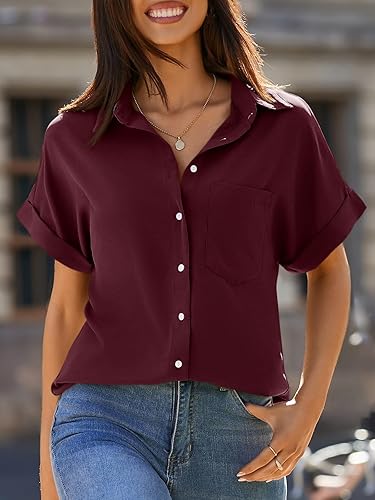 Miniatura 3 de Beautife - Camisa de manga corta para mujer, con cuello en V, botones y bolsillos