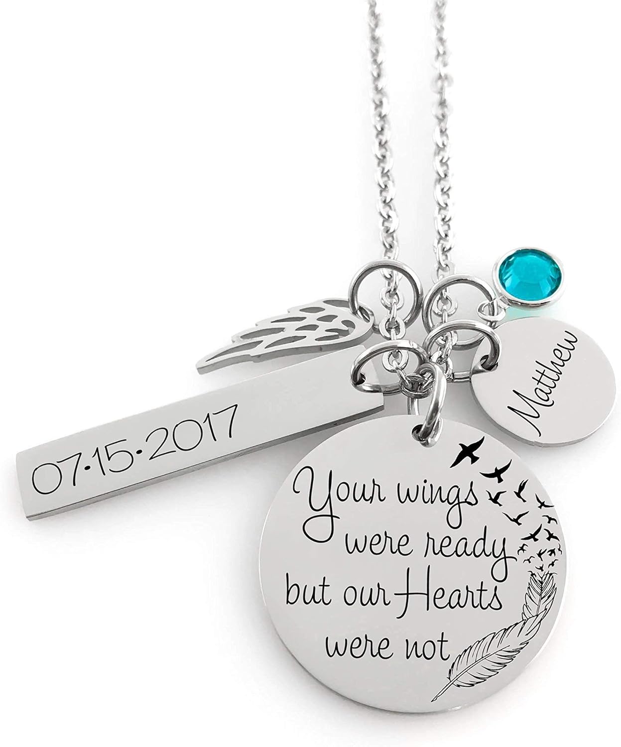 Memorial Jewelry Necklace - Your wings were ready but our Hearts were not- Name Disc, Angel Wing & Birthstone Crystal