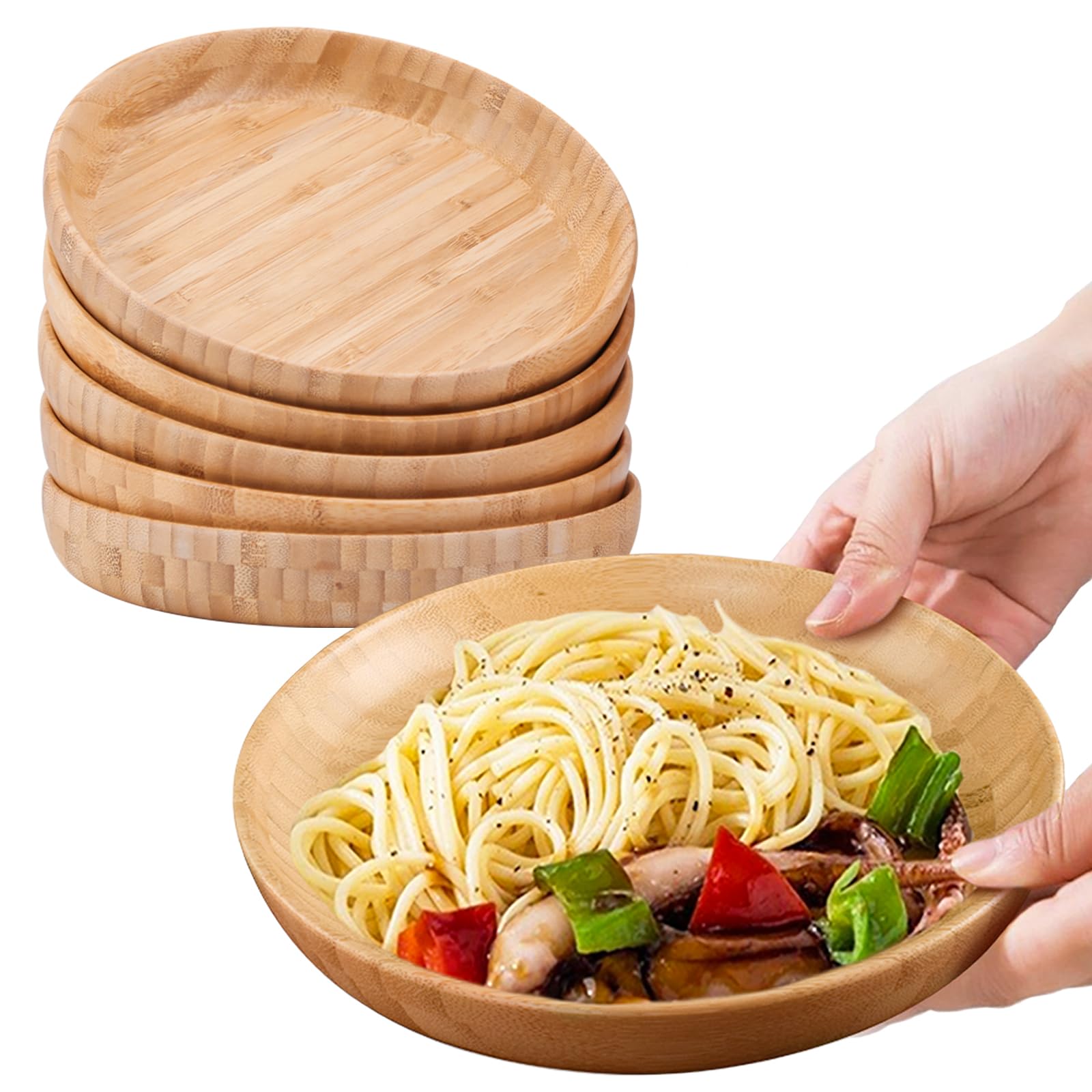 Platos de bambú redondos de 7.5 pulgadas, platos de bambú reutilizables para niños, juego de 6 platos de madera, platos ligeros para aperitivos, postres, platos clásicos irrompibles,