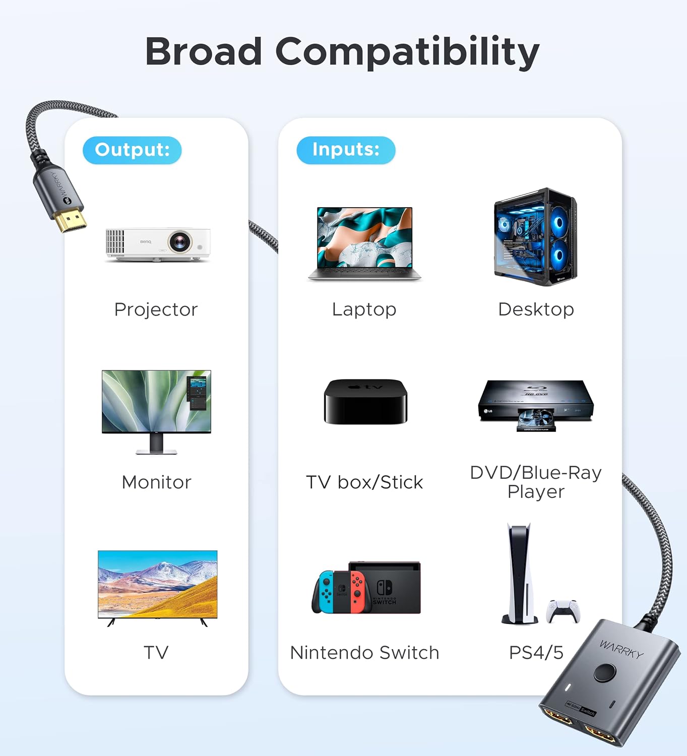 HDMI Switch 2 in 1 Out 4K@60Hz, WARRKY 【3.3ft Fixed Braided HDMI Cable, Aluminum Case, HDCP 2.2】 Bidirectional 2x1 Switcher Splitter UHD Compatible for PS5/4, Xbox, Roku, FireStick