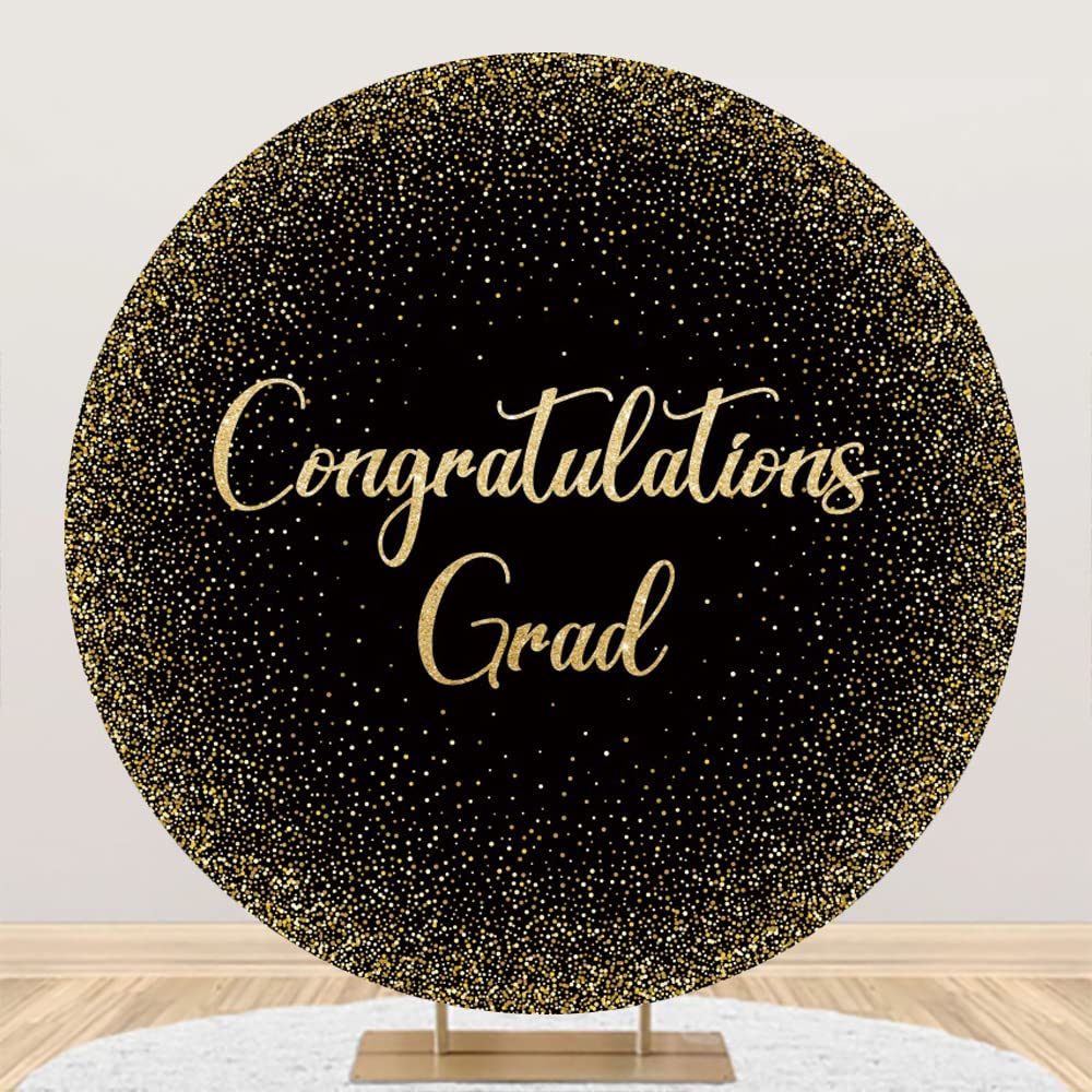 Congratulations Grad Round Backdrop Cover Black and Gold Graduation Class of 2025 Round Backdrop (No Stand) for College Prom Party Decorations 7.2ft (
