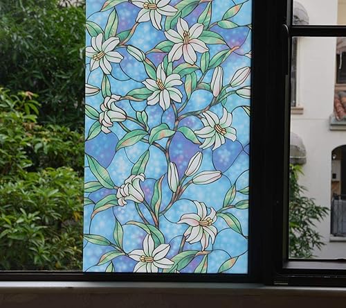 Miniatura 2 de VSUDO Película de privacidad esmerilada de color de 17.7 x 78.7 pulgadas, extraíble, sin pegamento, colorido patrón de orquídea azul lirio, película