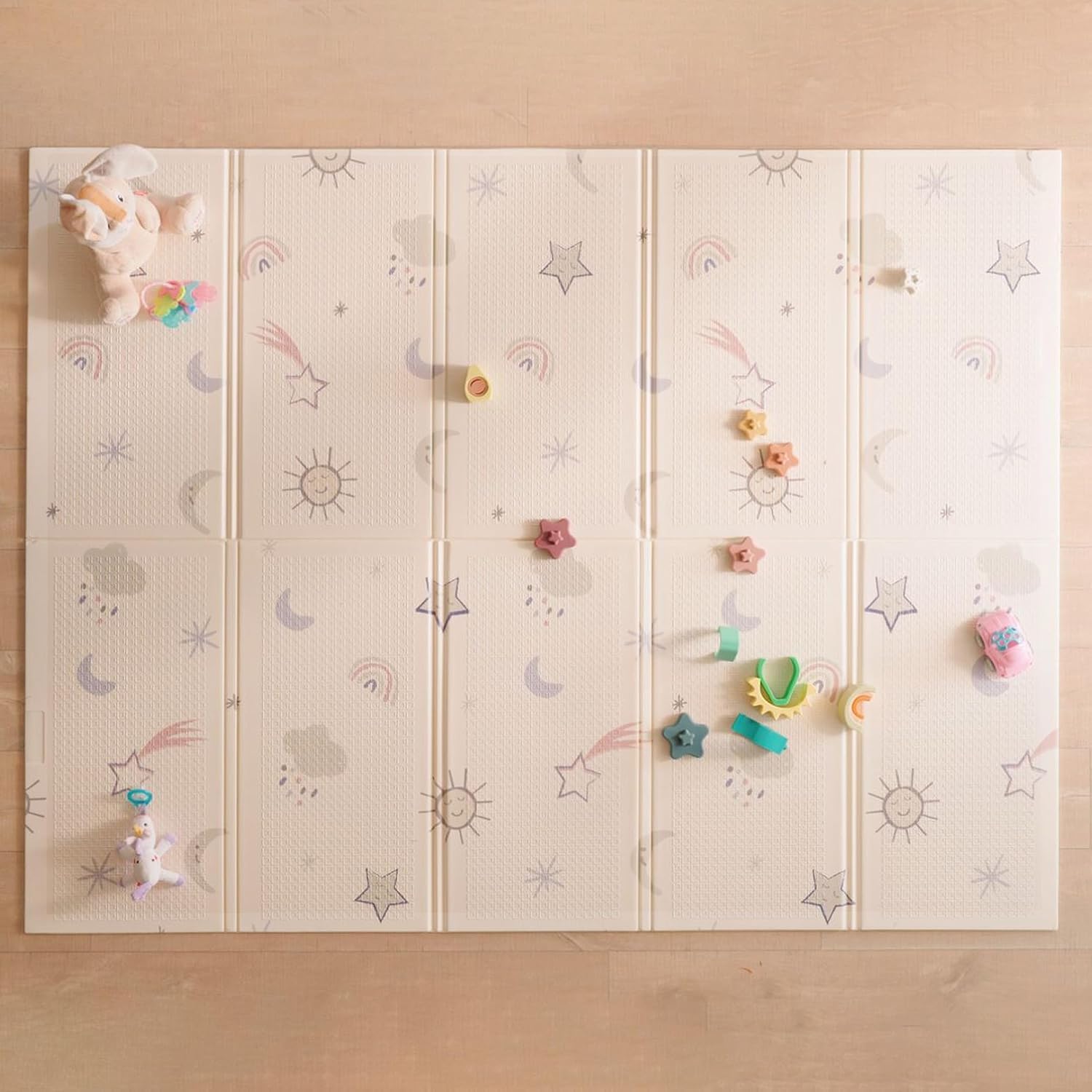 Nuby – Gepolsterte, Faltbare und wendbare Spielmatte für Babys – Leichte und weiche Bodenmatte zum Spielen – Kinderteppich mit Sternen- und Himmelsmotiv – Gepolsterter Boden für Babys – 150 x 200 cm