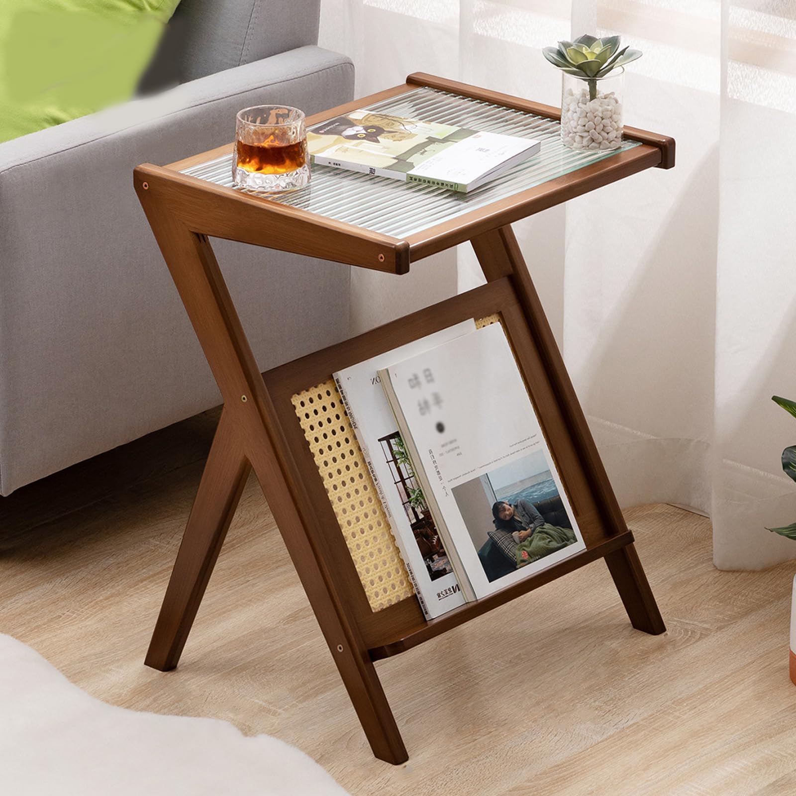 Mesa Auxiliar en Forma de Z Mesa de Extremo bambú con Cristal Top Storage Rack Establo Mesa Noche Madera Mesa de sofá compacta para Sala Estar Dormitorio Espacio pequeño