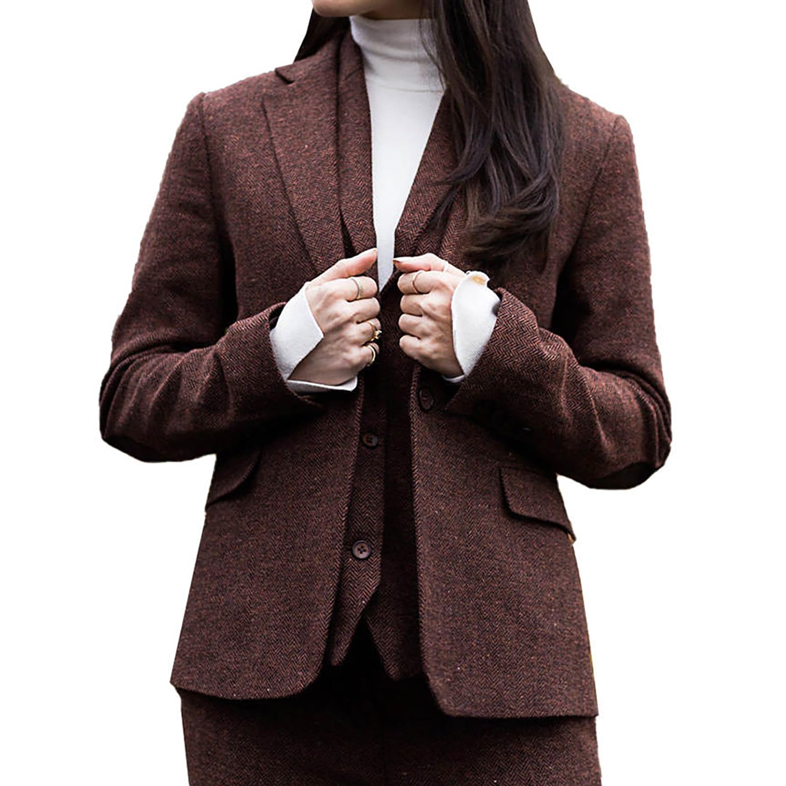 Women Suits Vintage Herringbone Tweed Classic 3 Pieces Blazer Jacket Pants Vest Sets Retro Casual Party Business