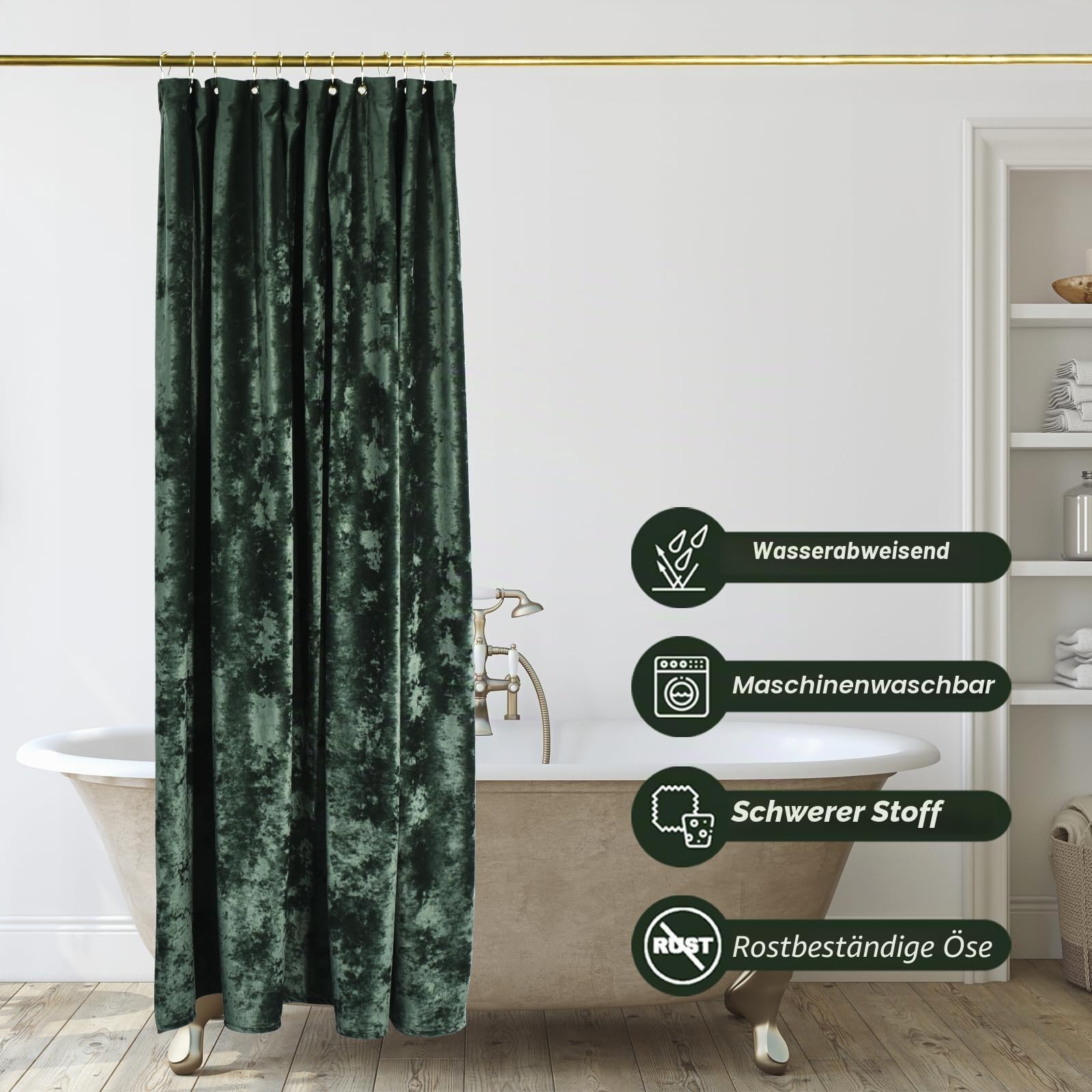 TAMGHO Pannesamt-Duschvorhang, Luxuriöser Waldgrüner Duschvorhang mit 12 goldenen Haken, wasserdicht, Dicker Stoff, 183 x 183 cm, für das Badezimmer