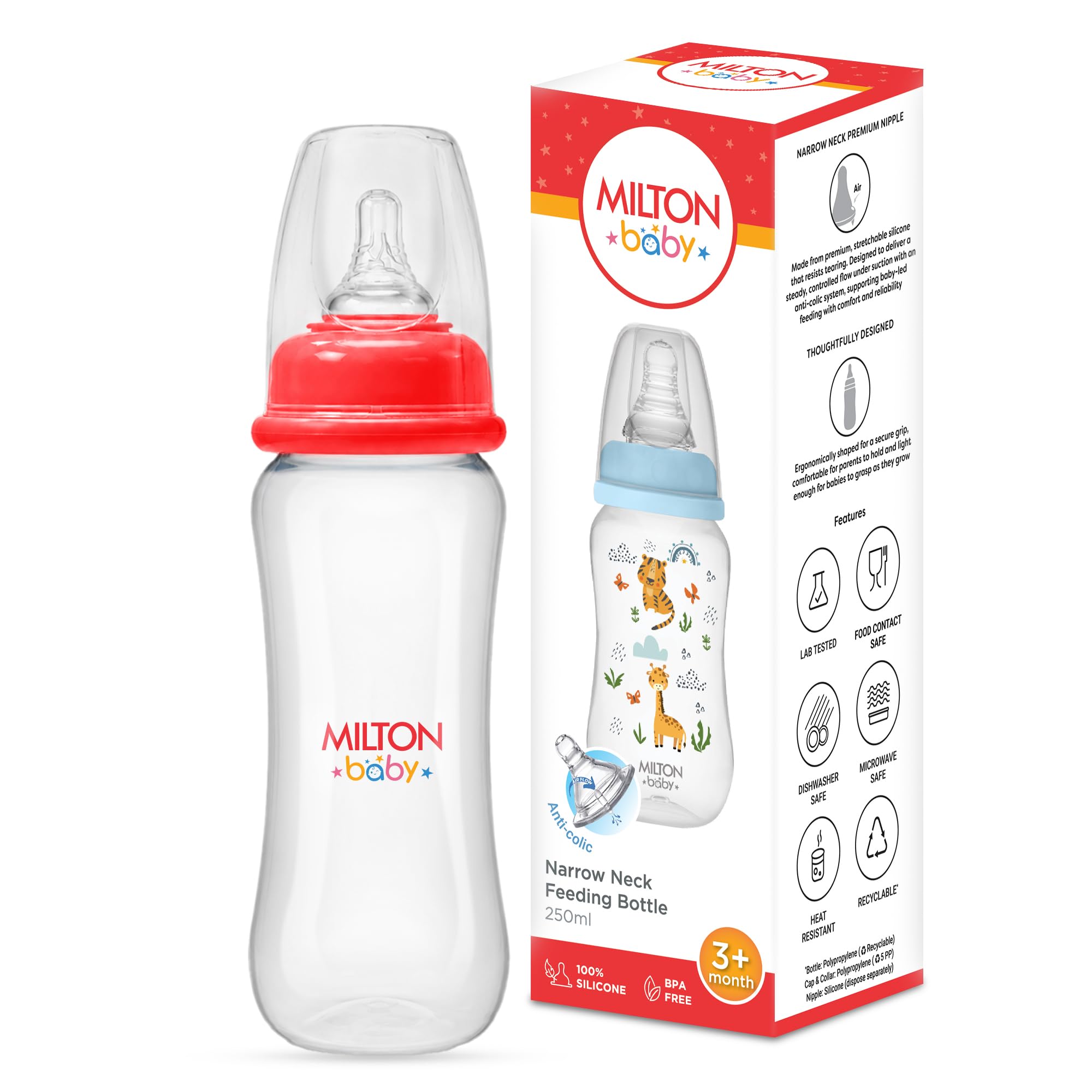 Milton Baby Narrow Neck Feeding Bottle 250 ml I Anti-Colic Design Silicone Nipple I ISI Certified I BPA Free I Supports Baby Led Feeding I Includes Leakproof Cap I Sterilizer Safe I 3+ Months I Red-image-24