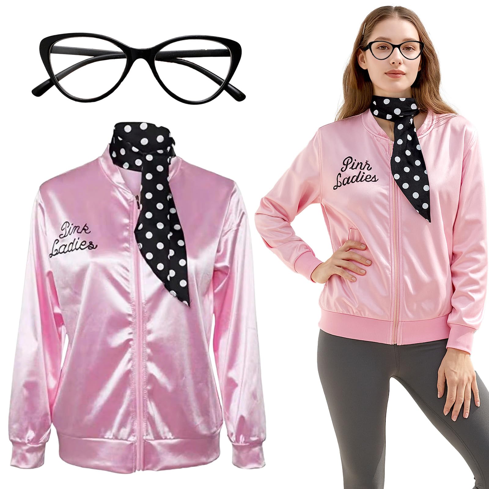 AYNKH Pink Jacket for Ladies Fancy Dress with Accessories Scarf Glasses 1950s Pink Satin Jacket