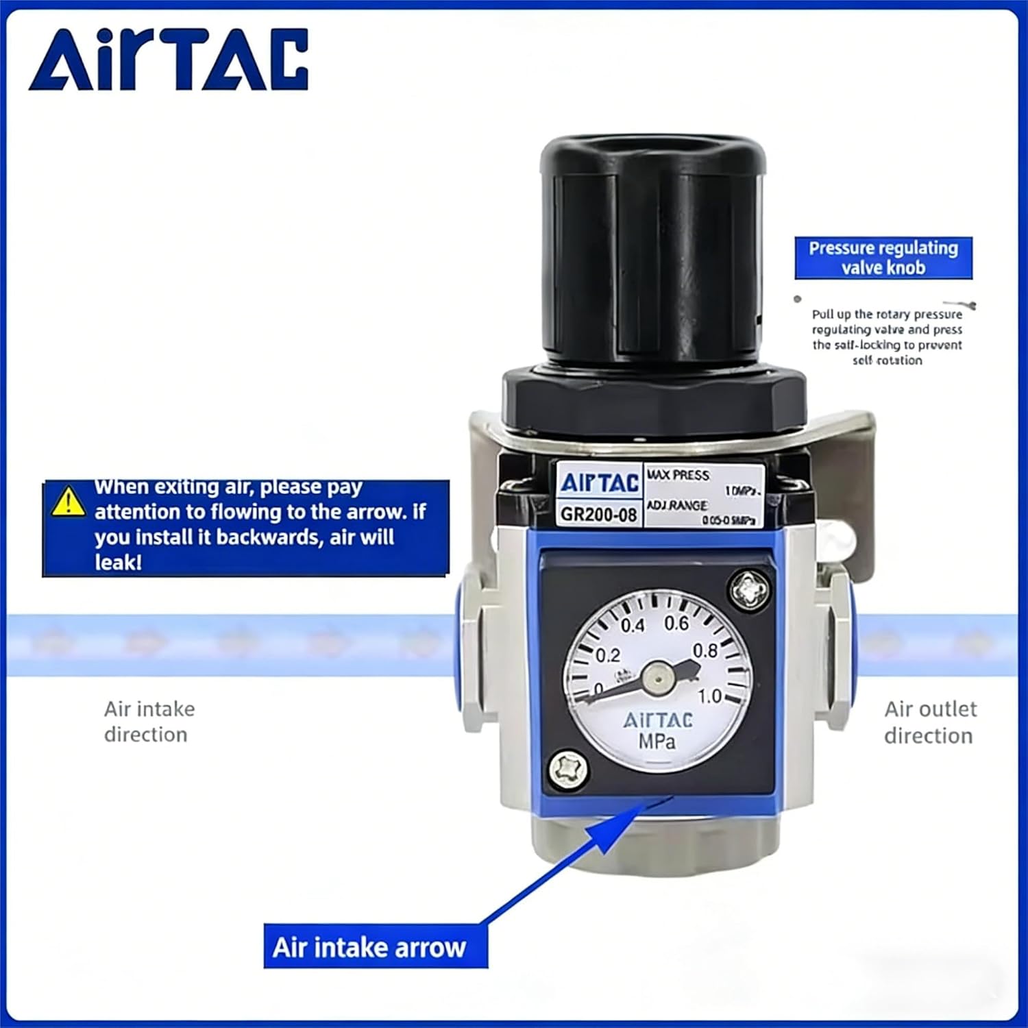 AirTAC Pneumatic Pressure Regulating Valve GR200-08 Pressure Adjustable Regulating Valve Air Pressure Reducing Valve Gas Filter (AirTAC Regulating Valve, Low-Pressure Model GR300 08L)