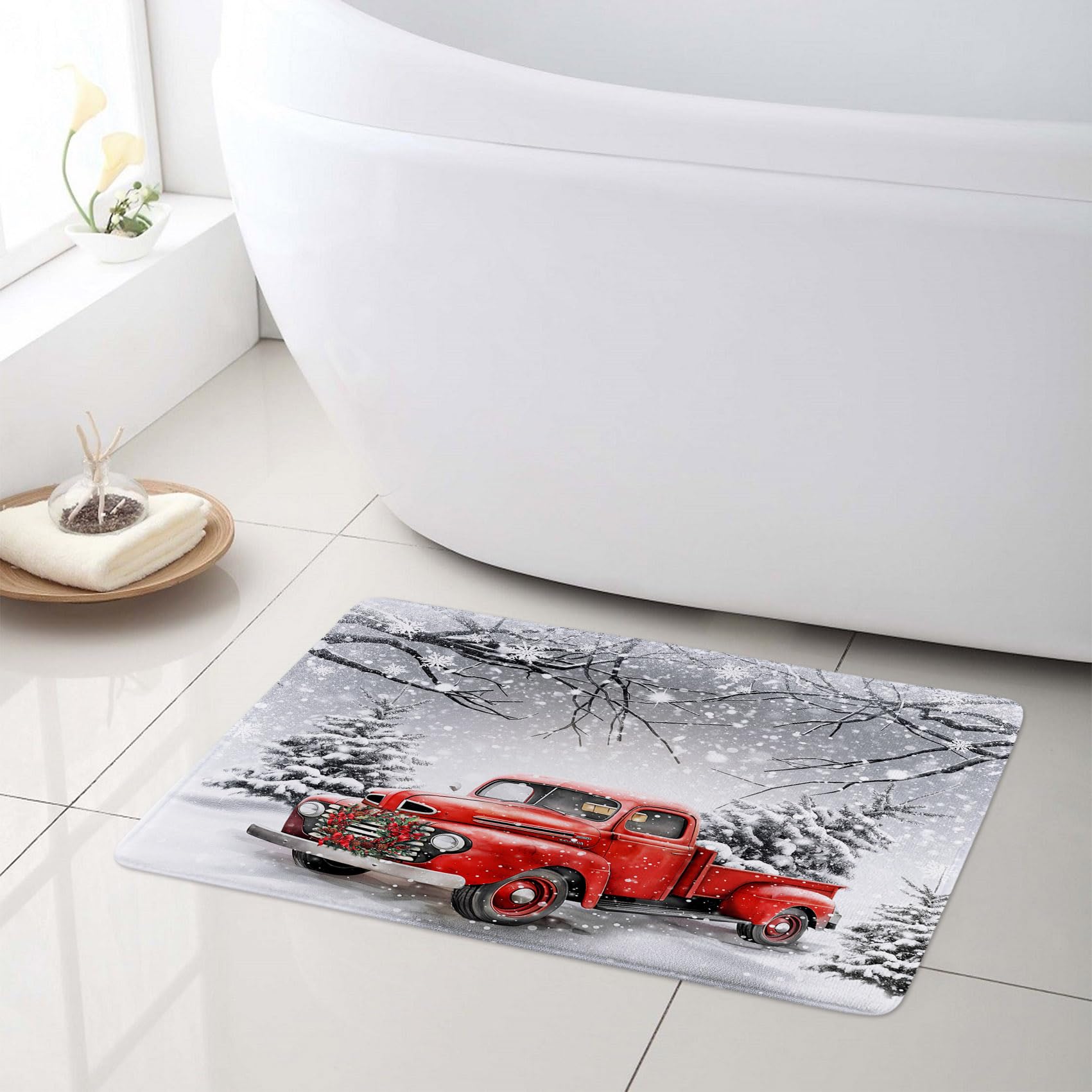 Christmas Shower Curtain 72x72 - Red Truck & Snowflake Design, Waterproof Polyester - Festive Bathroom Decor With Hooks - View #5