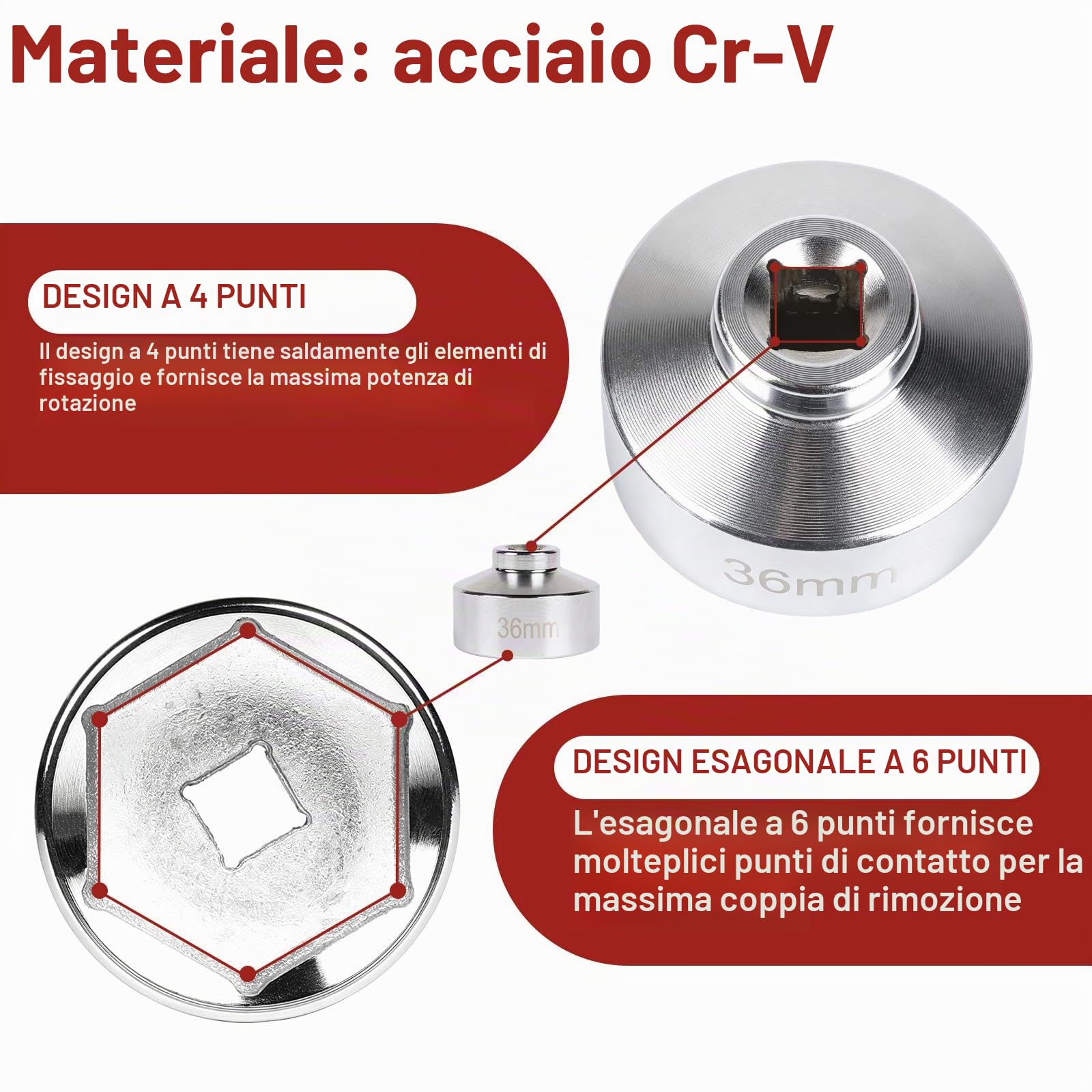 lalago Set di Chiavi per Filtro Olio 5 Pezzi, Chiavi a Tazza per Filtro Dell'olio, Chiave Esagonale da 3/8", in Acciaio al CR-V, Strumento di Rimozione Presa Filtro Olio Auto (24, 27, 32, 36, 38mm)