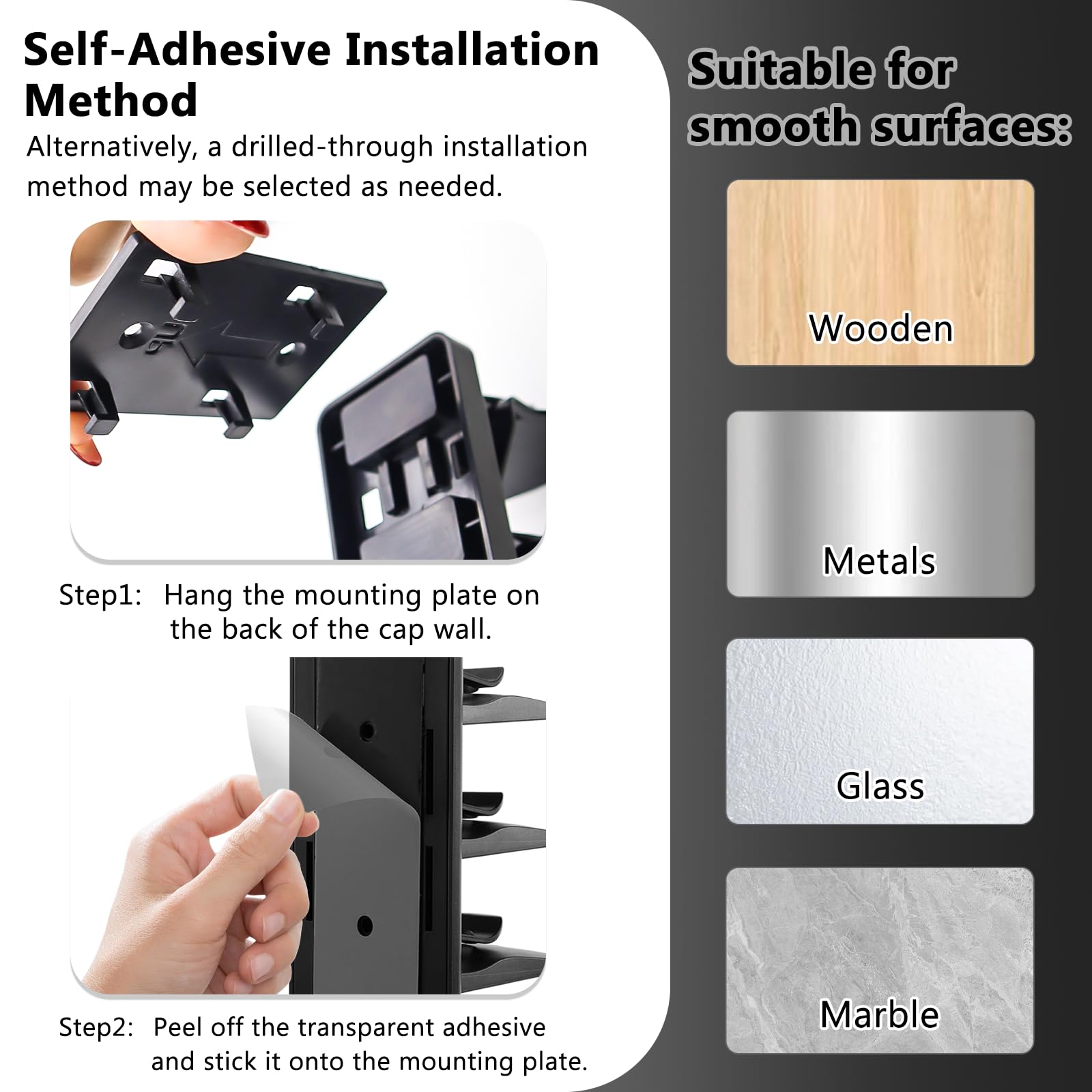2 Piezas Organizador de Gorras Colgador de Gorras Autoadhesivo o Perforación Estante para Sombreros para Pared para Puerta Armario y Dormitorio​(Negro)