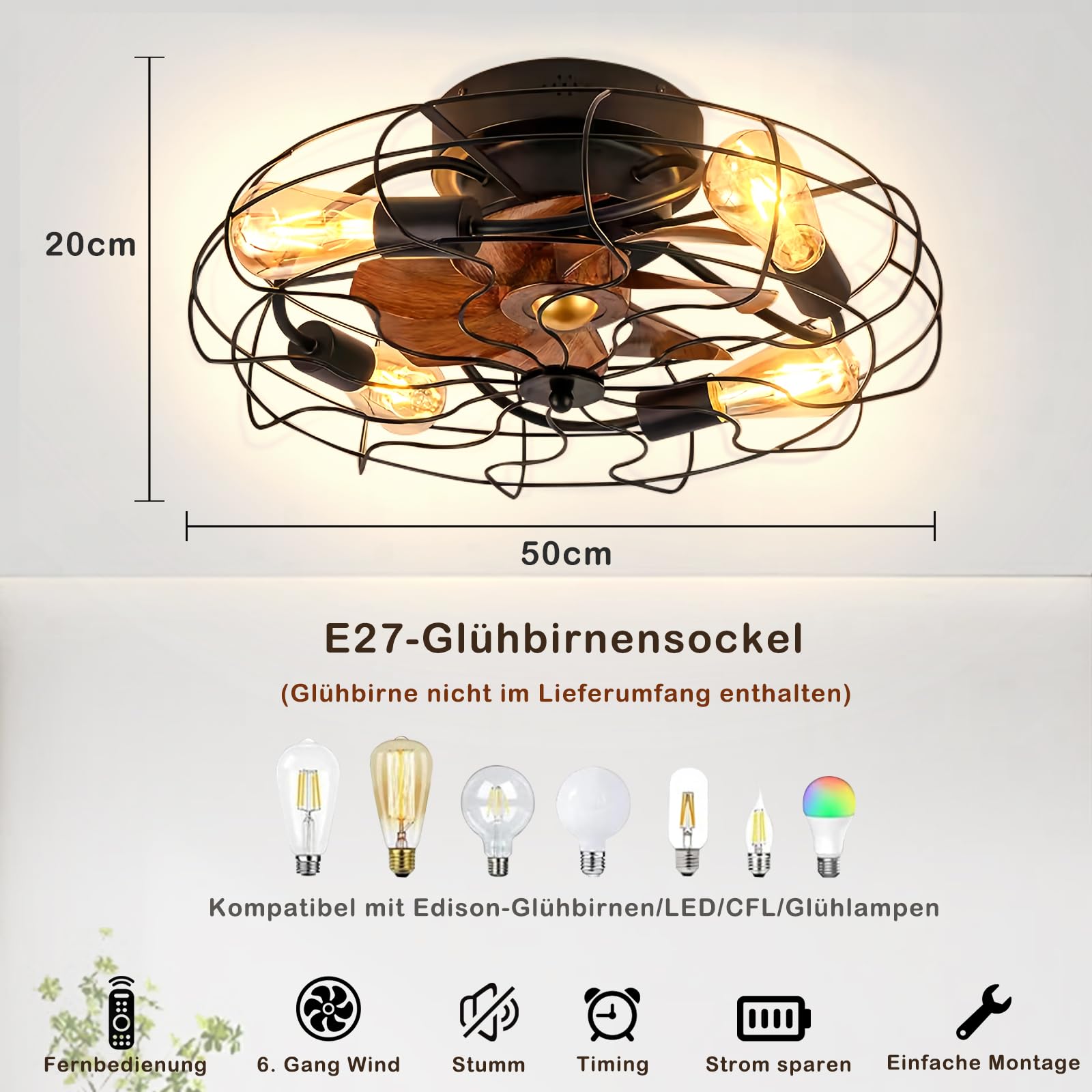 MiiR Ventilateur De Plafond Avec éclairage E27 Ampoule Rétro Ventilateur Plafonnier Avec Télécommande 6 Niveaux De Vitesse Du Vent Lumière Réglable Avec Ventilateur Salon Chambre Salle à Manger