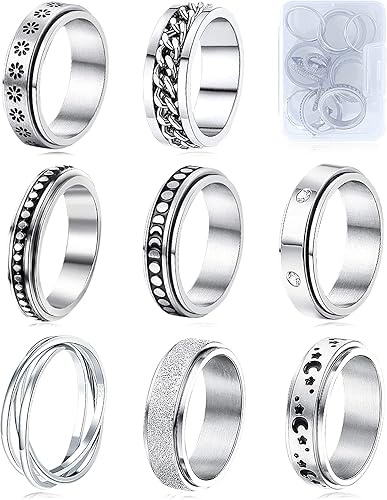 MUCAL - Anillos giratorios para aliviar la ansiedad y el estrés, de acero inoxidable, geniales, con luna y estrella, para hombres o mujeres, 8