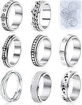 MUCAL Fidget Rings for Anxiety 8pcs Stainless Steel Spinner Ring Anti Anxiety Ring Spinning Moon Star Cool Stress Relieveing Rings for Women Men