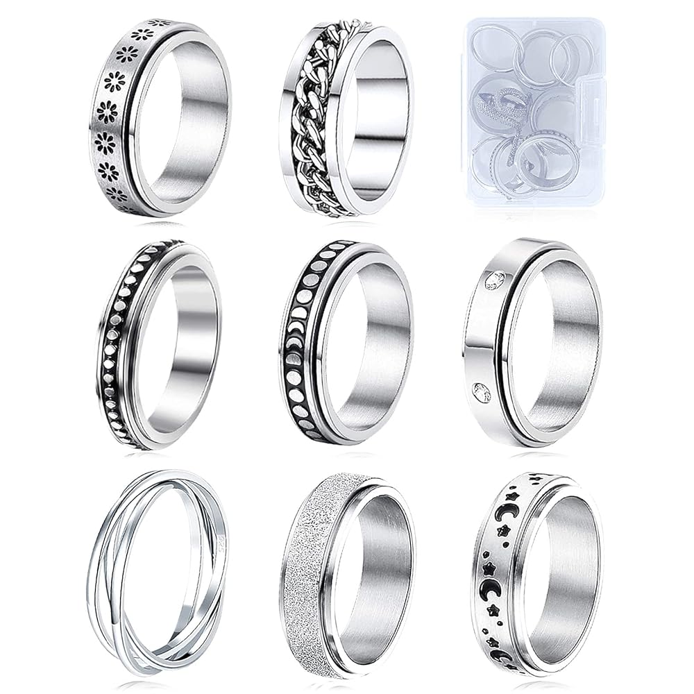 MUCAL Fidget Rings for Anxiety 8pcs Stainless Steel Spinner Ring Anti Anxiety Ring Spinning Moon Star Cool Stress Relieveing Rings for Women Men