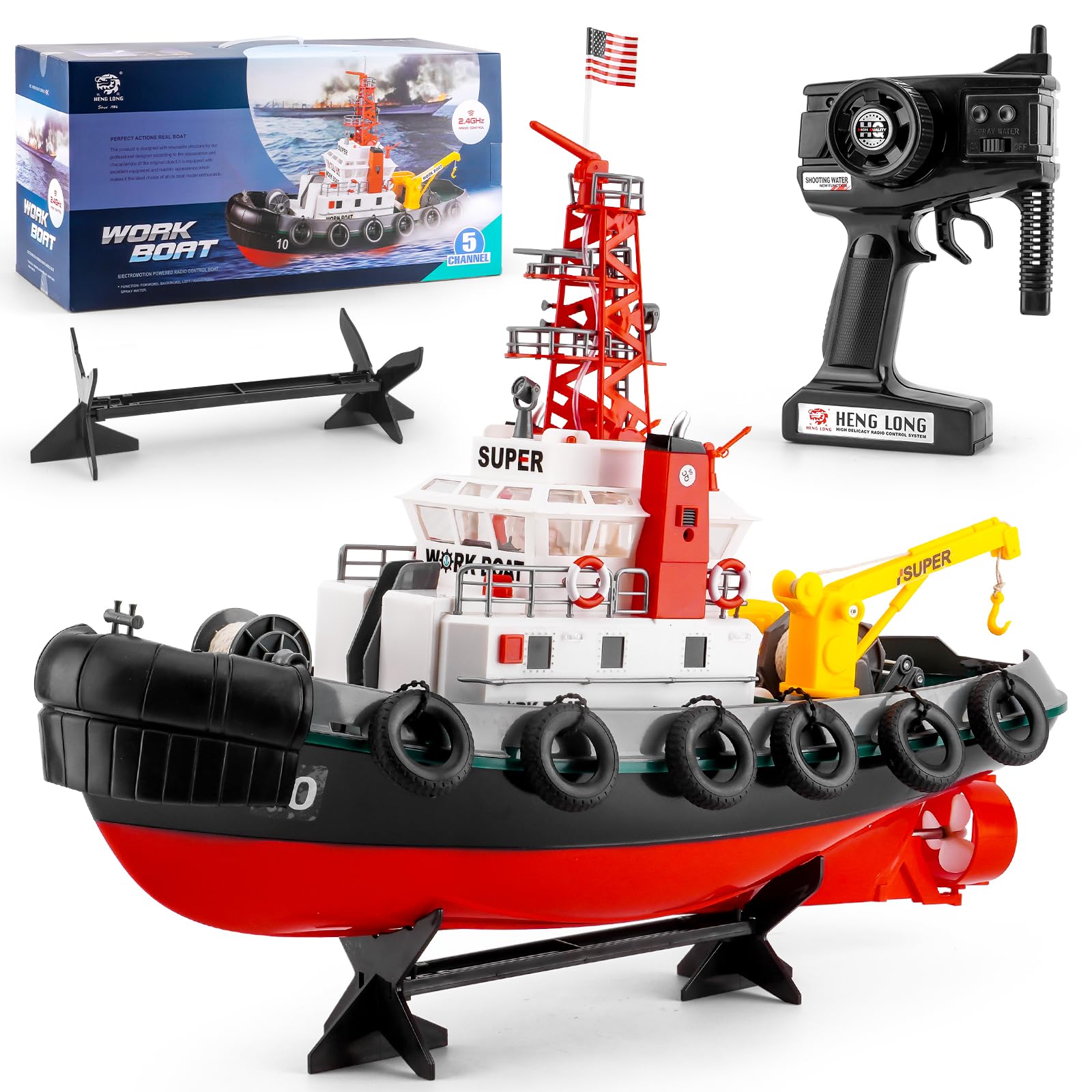 BESTYMXY RC Boat, HengLong 2.4GHZ US Fire Rescure Boat, Remote Control FireBoat, Water Spray with 2 Rechargeable Batteries, Swimming Pool Lake for Age
