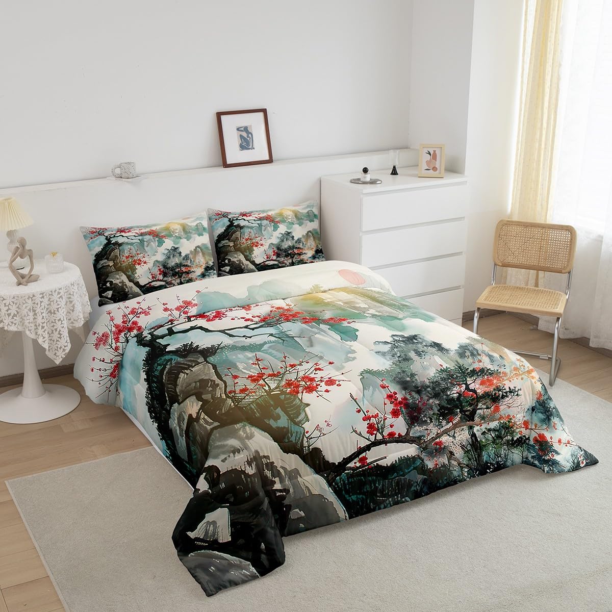 Feelyou Japanese Style Comforter Set Full Size Kids Cherry Blossoms Comforter for Boys Girls Teens Fuji Mountain Decor Home Decor Bedding Set Red Sun Ink Painting Down Duvet Set