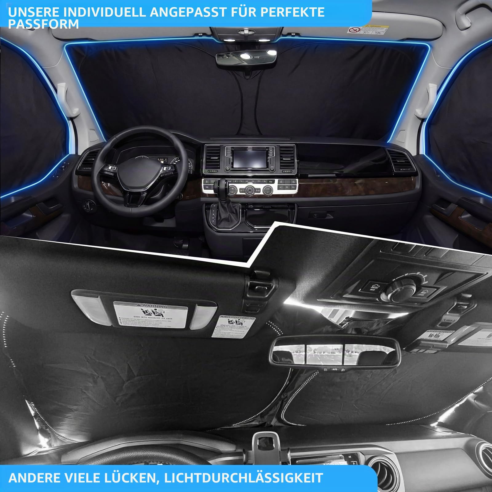 XCBYT Sonnenschutz Auto für VW T5 T6 Frontscheibe & Seitenscheibe - 3er | Perfekte Passform, 6-lagiger Stoff, Windschutzscheibe Verdunkelung, Schützt Privatsphäre, Innen Faltbare