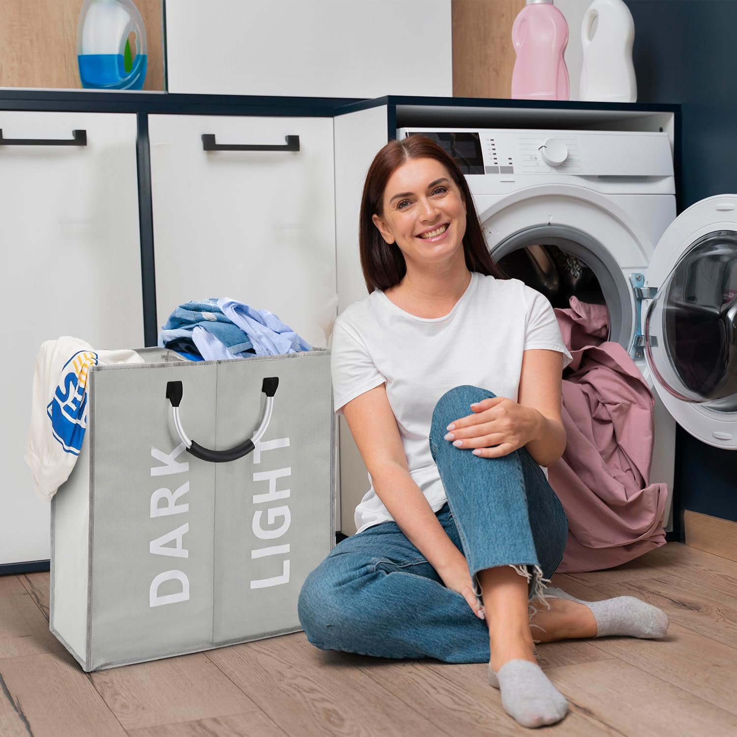 FB FunkyBuys 64L Foldable Laundry Basket, Large Laundry Bag with 2 Compartments - Image 5