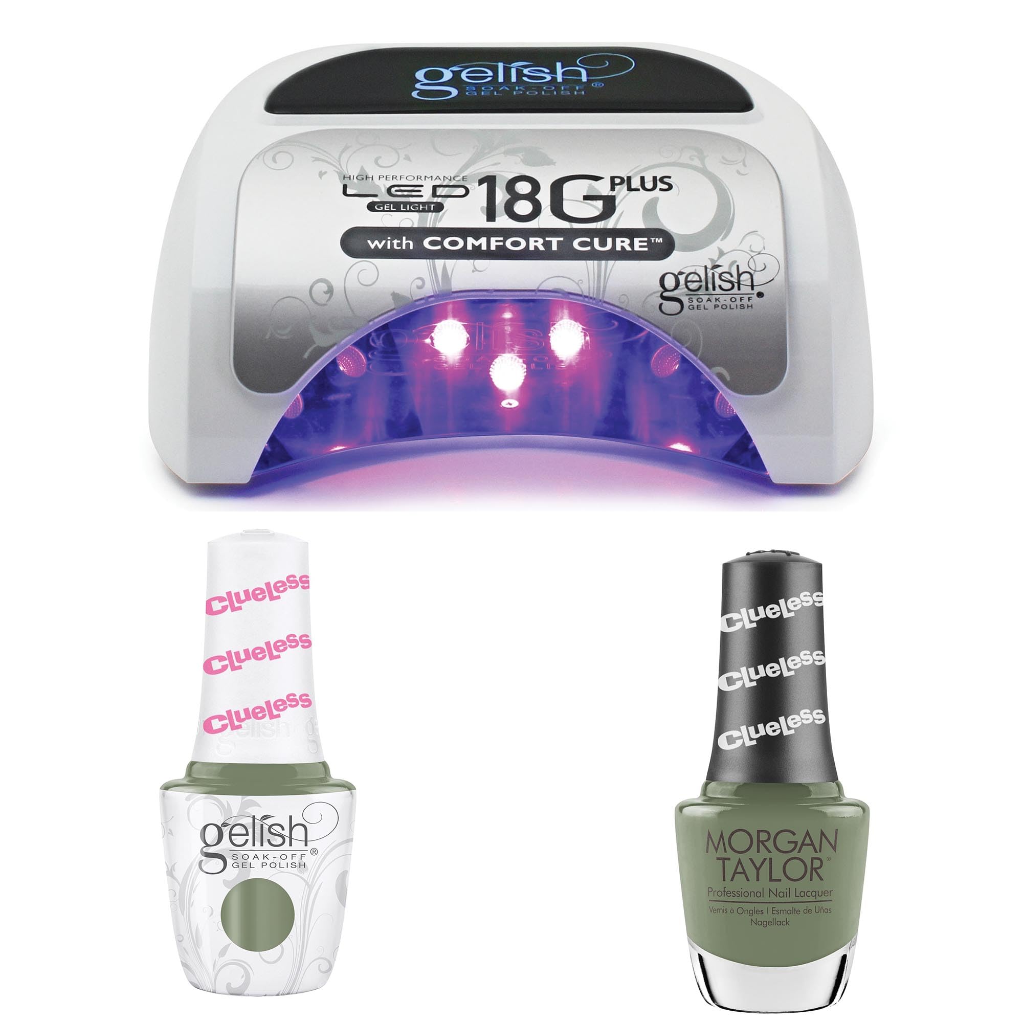 Gelish 18G Plus LED Light Bundle Includes Sage Green Creme Gel Polish and Lacquer Duo