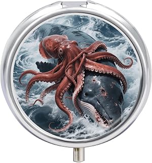 3-Compartment Pill Organizer with Mirror- Giant Squid Vs Sperm Whale Round Pill Case for Purse & Travel, Portable Medicine Container, Small Medicine Box for Vitamins, Fish Oil, Supplements