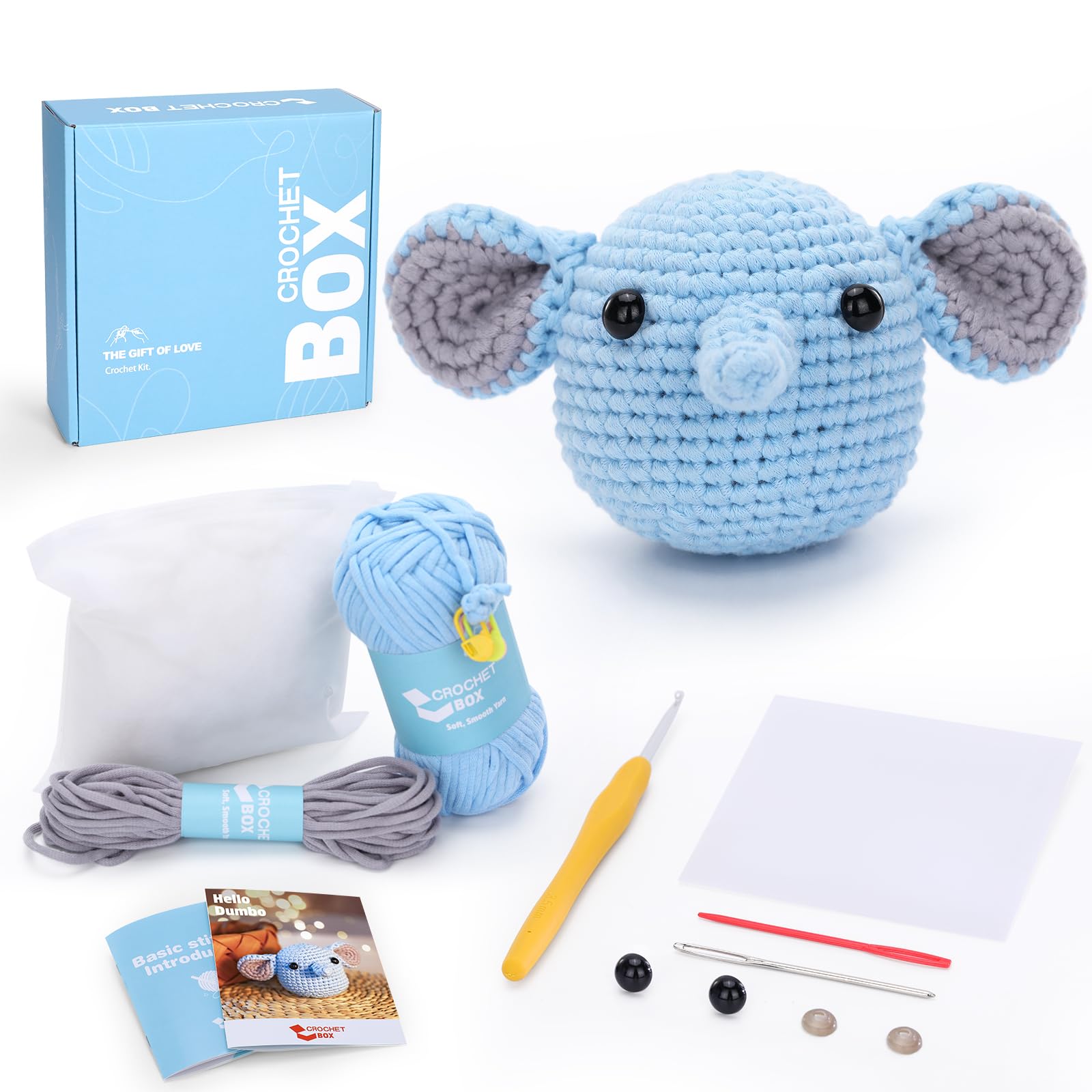 CROCHET BOX Crochet Kit for Beginners: Elephant Crochet Kit for Adults, Teens, Starter Friendly, All You Need in, Include Easy to Use Yarn, Step-by-Step Video, Birthday, Thanksgiving Gift.