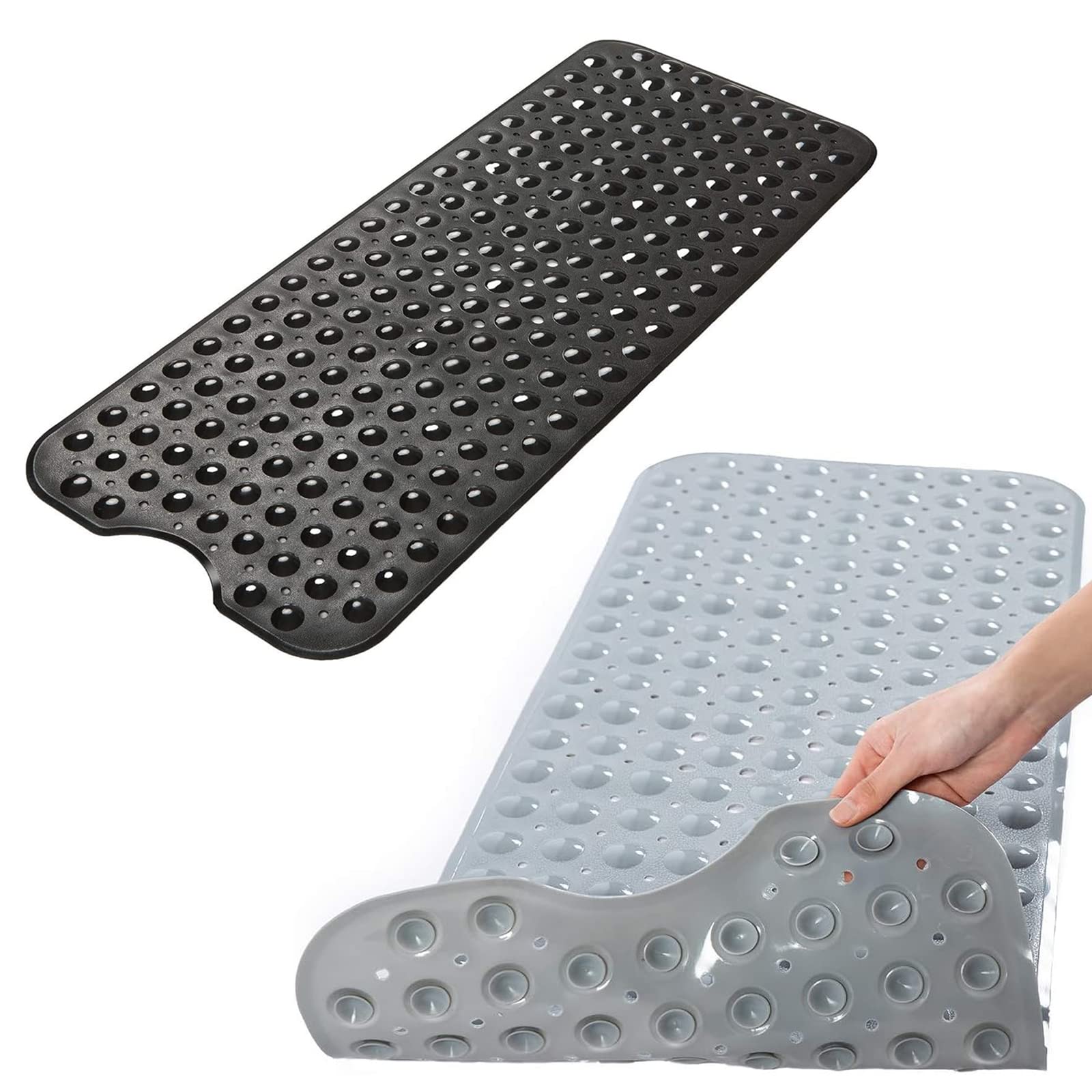 2 Pack Non Slip Shower Mat, 40 x 100 cm Extra Long Bathtub Mat with Suction Cups and Drain Holes, Shower Floor Mat Anti Mold, BPA Free, Black + Gray