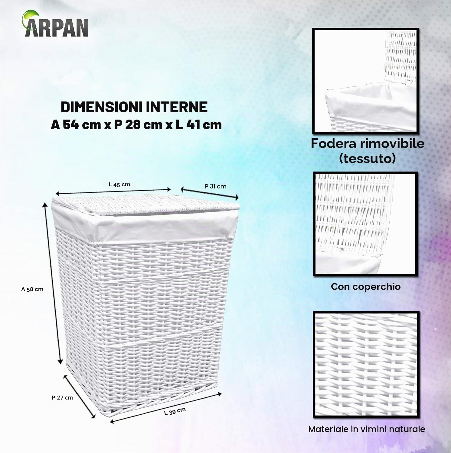 Arpan - Cesto portabiancheria, Grandi Dimensioni, in Vimini, con Rivestimento in Tessuto Bianco, 32 cm Lu x 45 cm la x 59 cm h