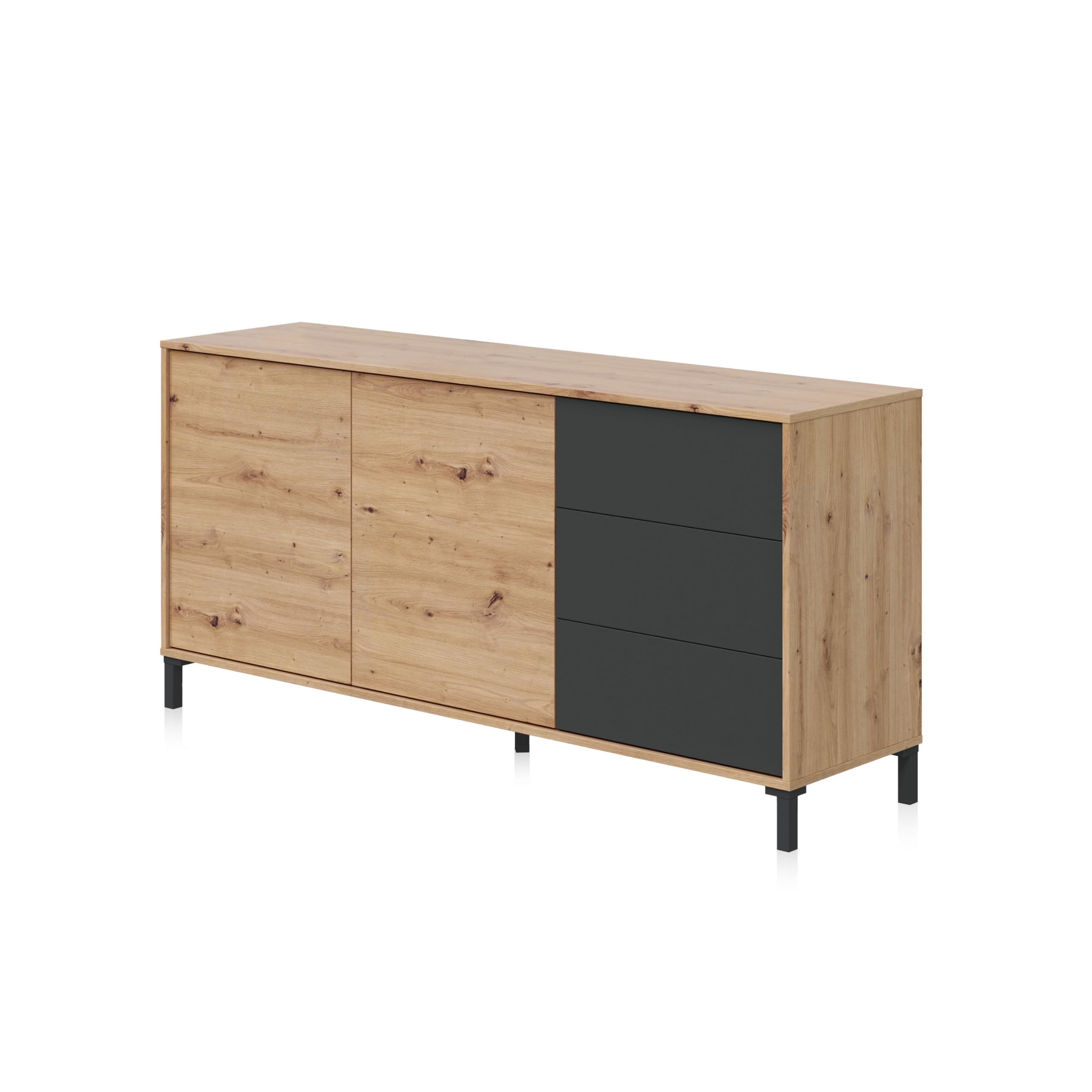 duehome | Aparador 2 Puertas y 3 Cajones, Buffet para Salon, Modelo Lea, Acabado en Color Roble Nodi y Gris Antracita, Medidas: 154 cm (Ancho) x 74 cm (Alto) x 41 cm (Fondo)