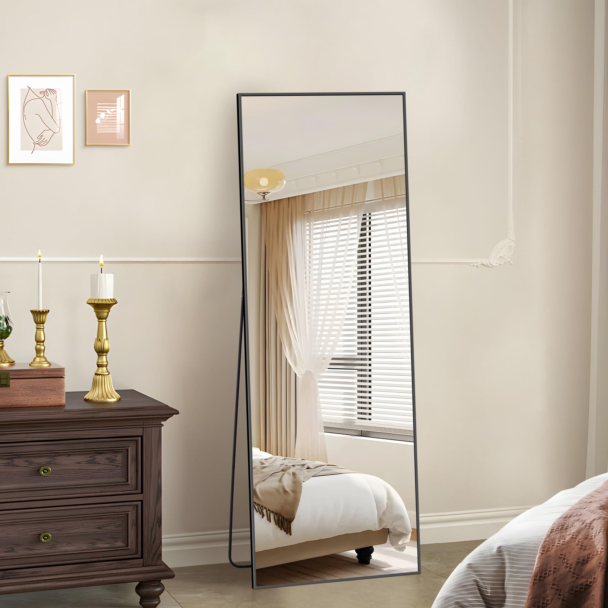 KOCUUY Espejo de Cuerpo Entero 52 x 161 cm, Rectangular Espejo de Pared Grande para Colgar, de Pie, Apoyado Espejo de Pie Grande con Marco Negro para SalóN, Dormitorio, Pasillo