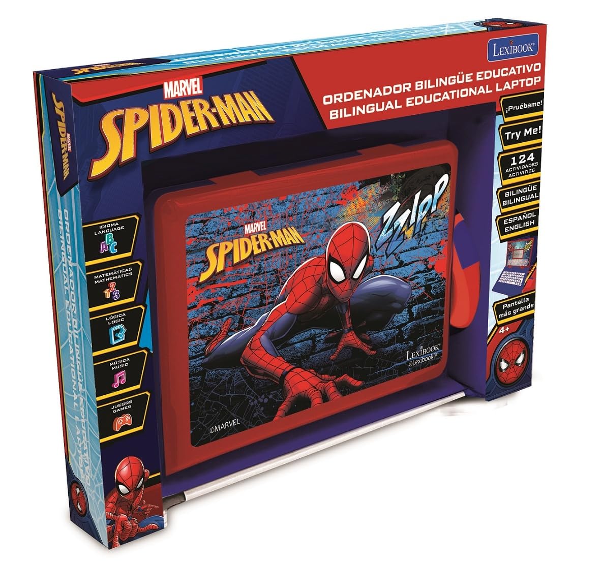 LEXIBOOK, Spider-Man, Portátil Educativo, JC598SPi2LXB | Español/Inglés, 124 actividades, juegos educativos y música
