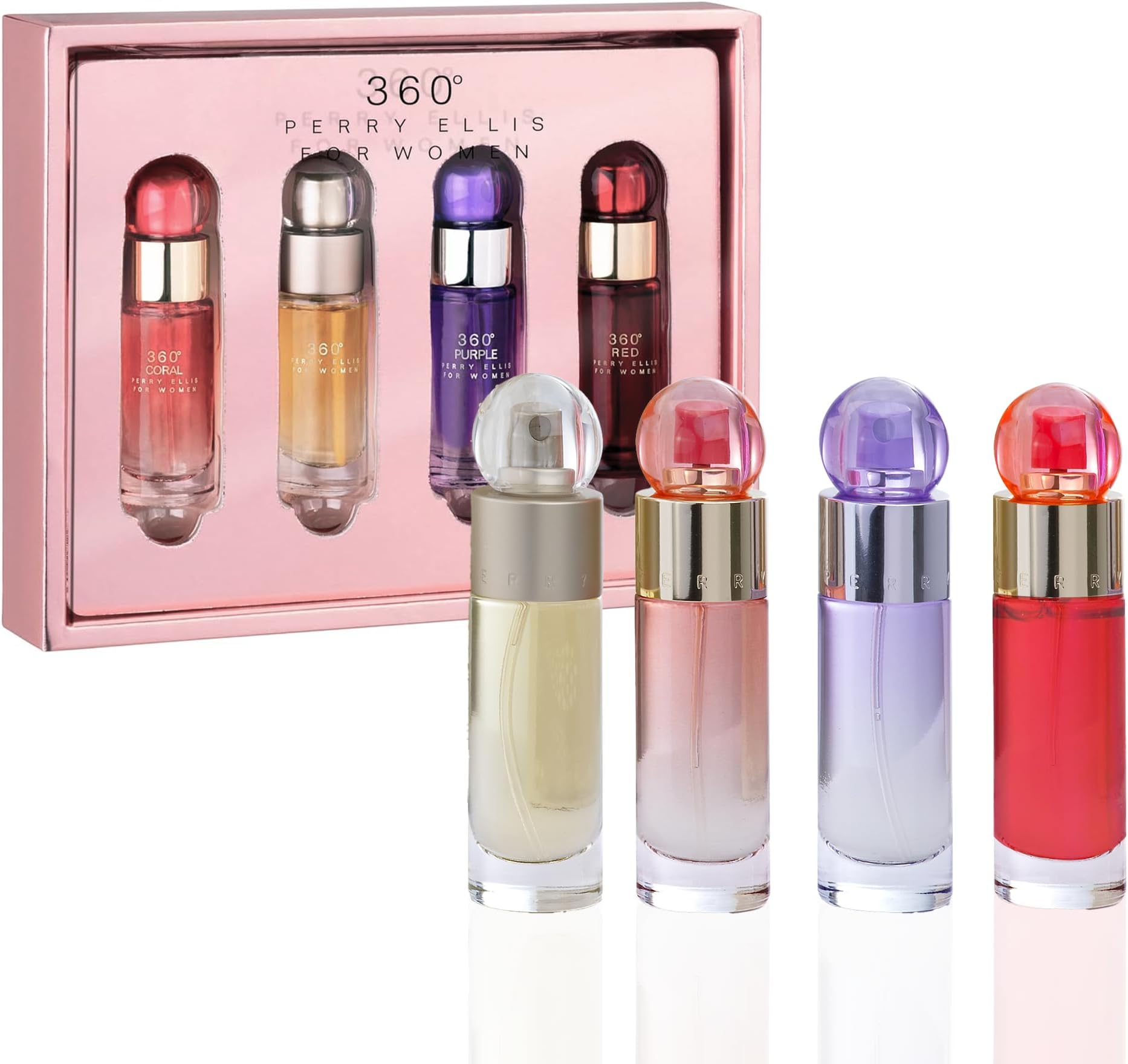 360° Women mini gift set - 4-pack of .25 fl oz EDP travel sprays (360° Women, 360° Coral, 360° Purple, 360° Red)