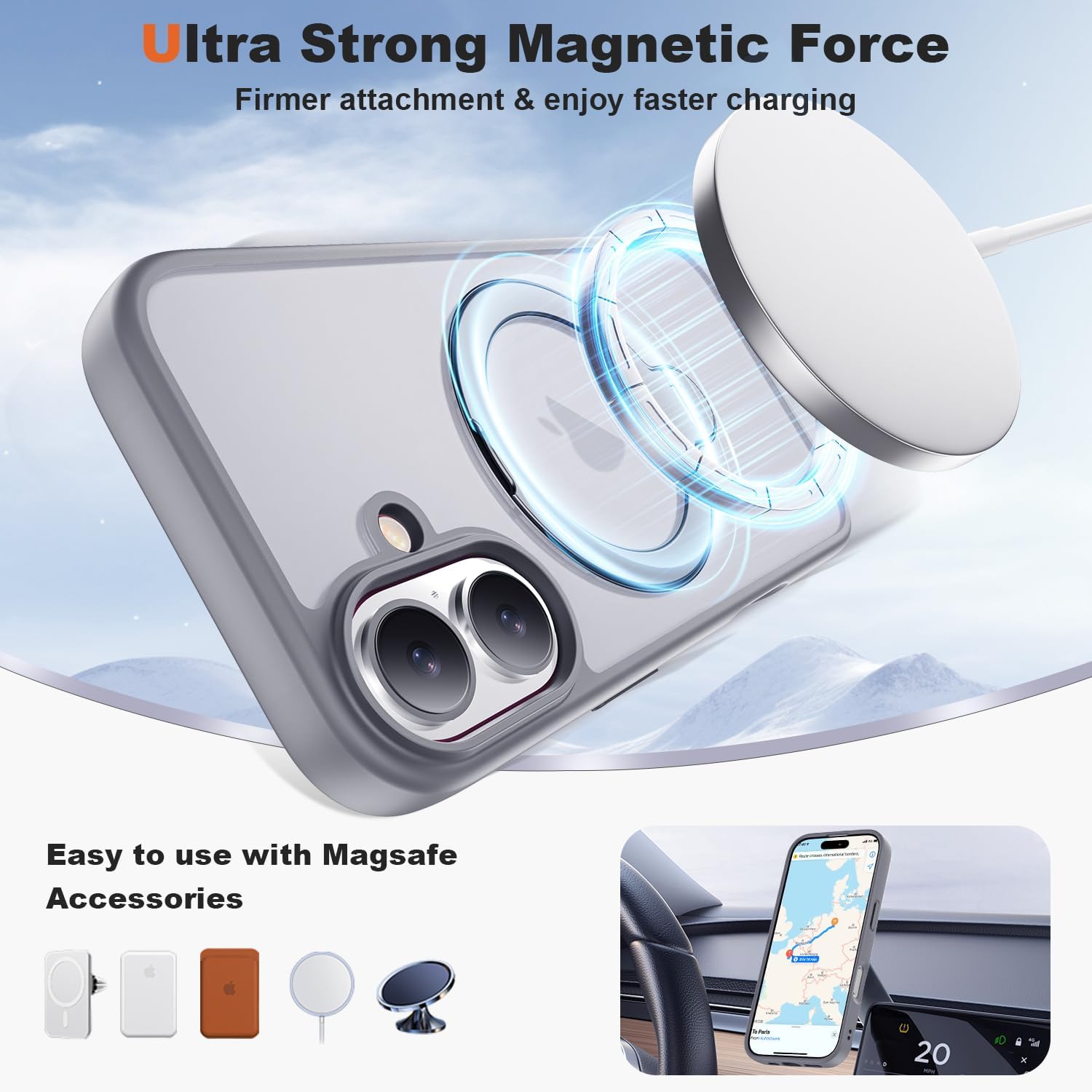 Compatible with iPhone 16 Case with 360° Spin Magnetic Ring Stand [Compatible with Mag-Safe][Military Grade Protection] Translucent Matte iPhone 16 Phone Case 6.1", Grey - Image 4