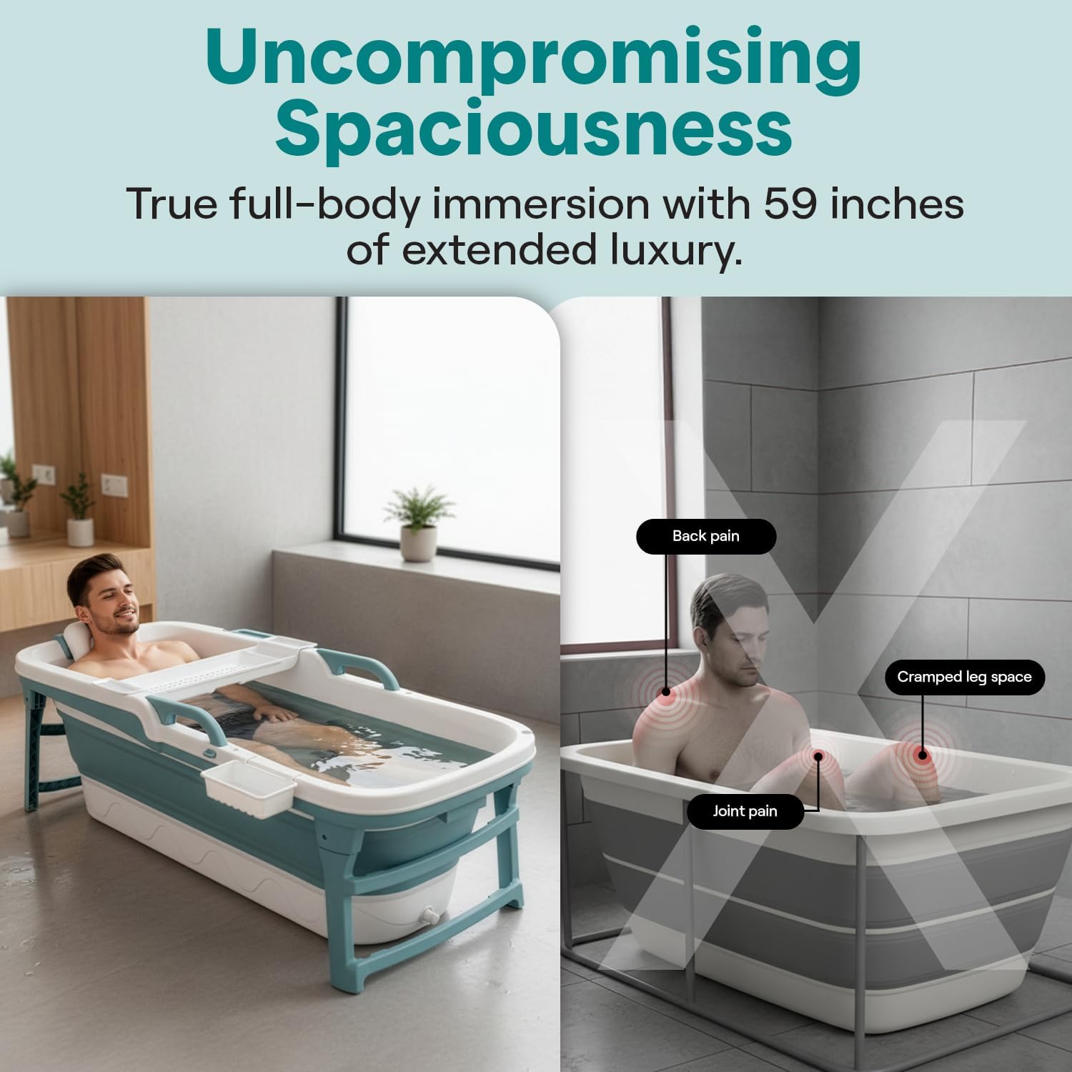 SereneLife 59" Portable Bathtub for Adults – Large Foldable Freestanding Bath Tub for Hot Spa, collapsible for Cold Plunge Ice Bath, Indoor/Outdoor, Pet & Family Use, Complete Set