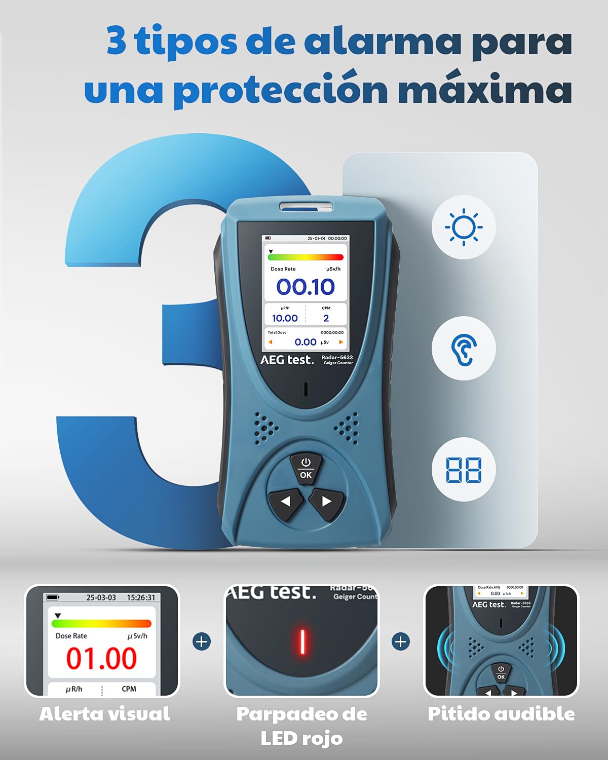 Geiger AEGTEST Radar-5633 - Detector de radiación nuclear LCD, dosímetro recargable para β γ X, mediciones en CPM μSv/h μR/h μSv - Azul